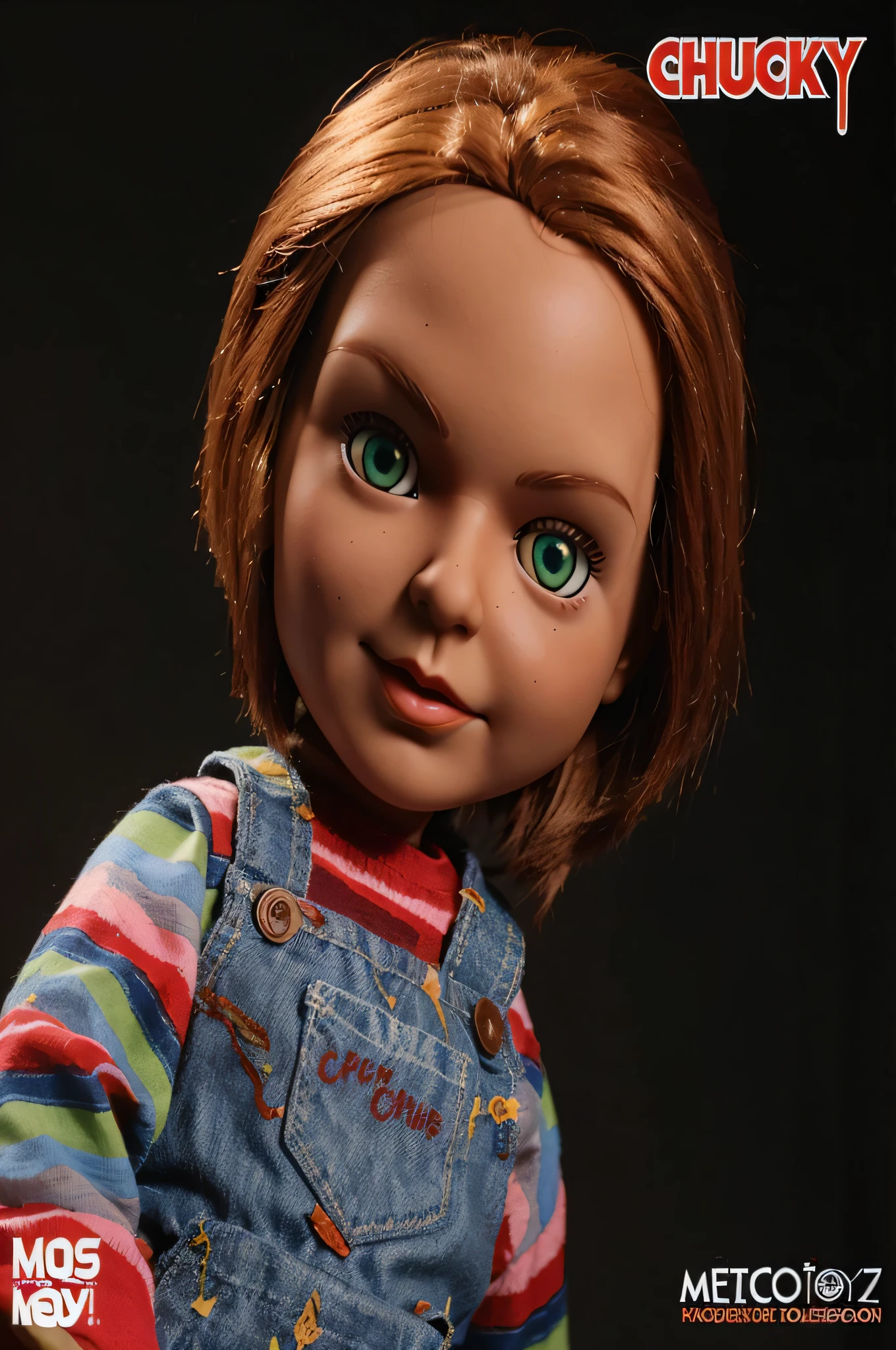 Create a doll with brown hair and green eyes inspired by the Chucky doll, in high definition, 300 dpi with no background.