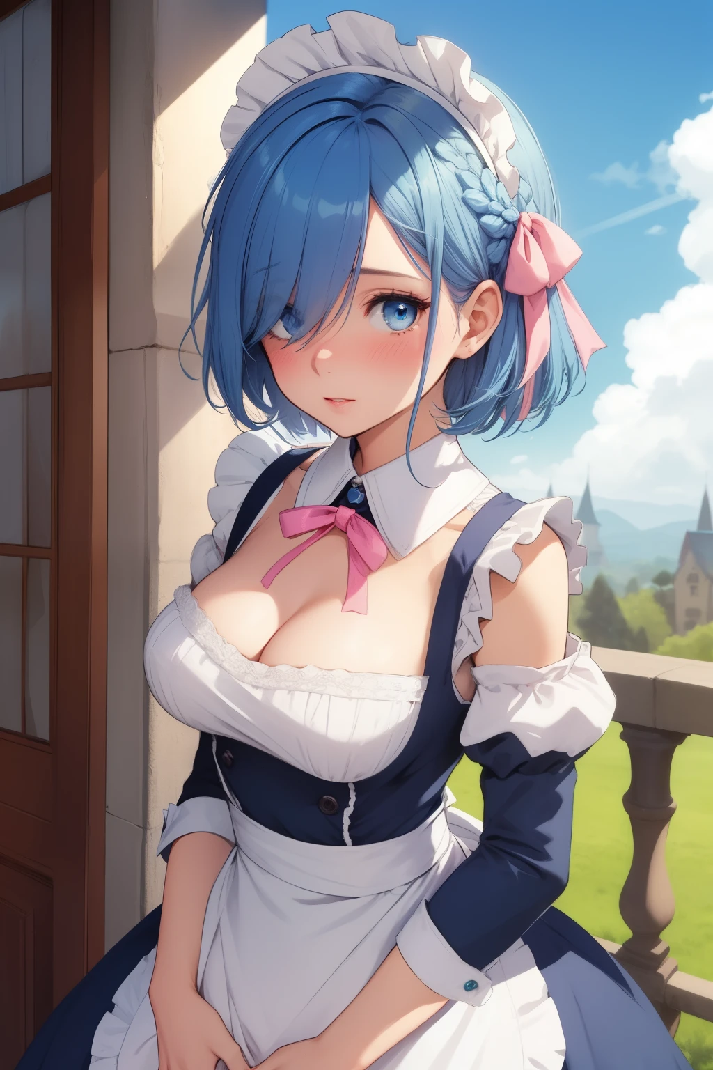 1girl, solo, breasts, looking at viewer, blush, short hair, blue eyes, hair ornament, dress, ribbon, medium breasts, blue hair, hair ribbon, outdoors, detached sleeves, sky, day, hair over one eye, apron, blue sky, maid, maid headdress, x hair ornament, pink ribbon, roswaal mansion maid uniform