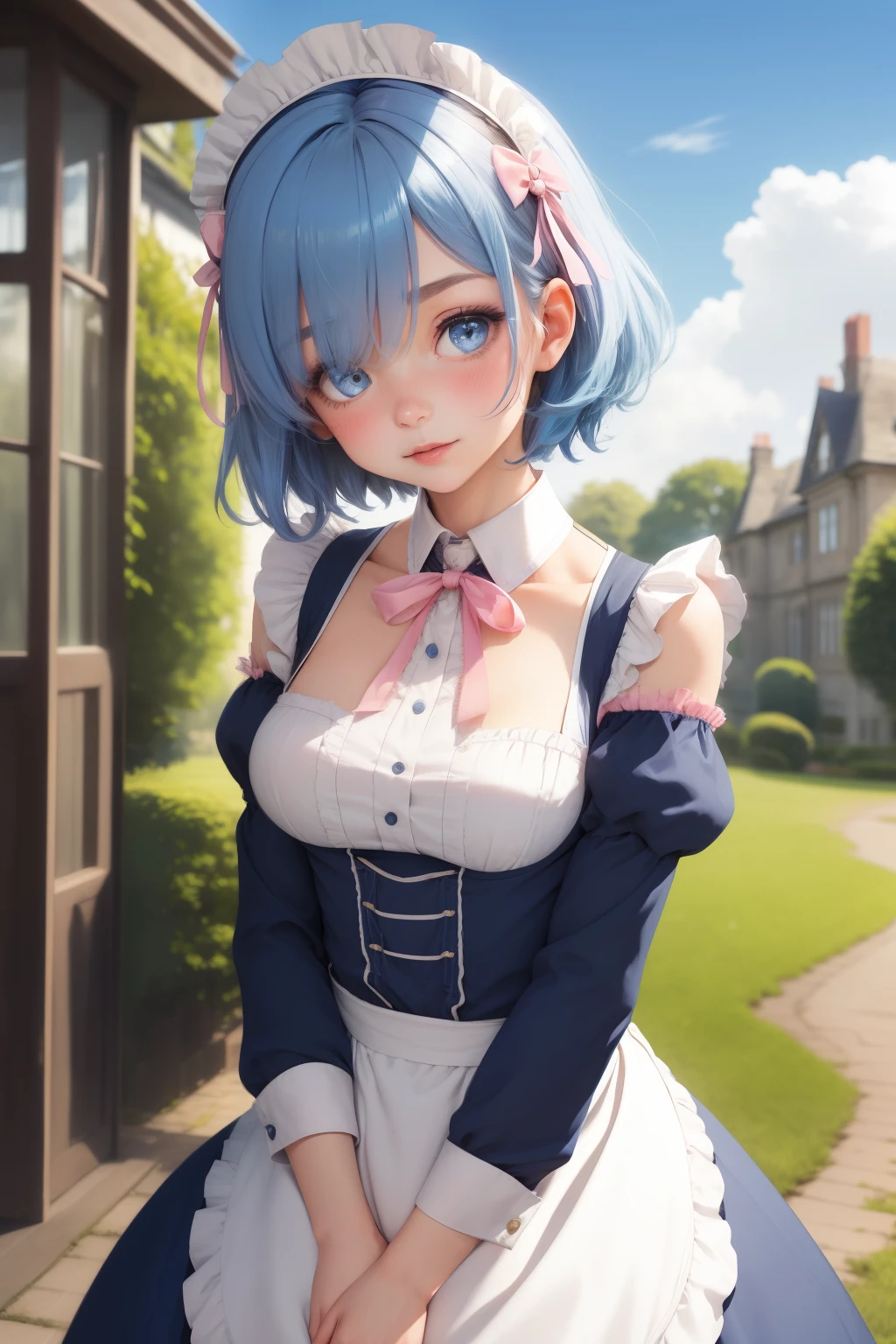 1girl, solo, breasts, looking at viewer, blush, short hair, blue eyes, hair ornament, dress, ribbon, medium breasts, blue hair, hair ribbon, outdoors, detached sleeves, sky, day, hair over one eye, apron, blue sky, maid, maid headdress, x hair ornament, pink ribbon, roswaal mansion maid uniform