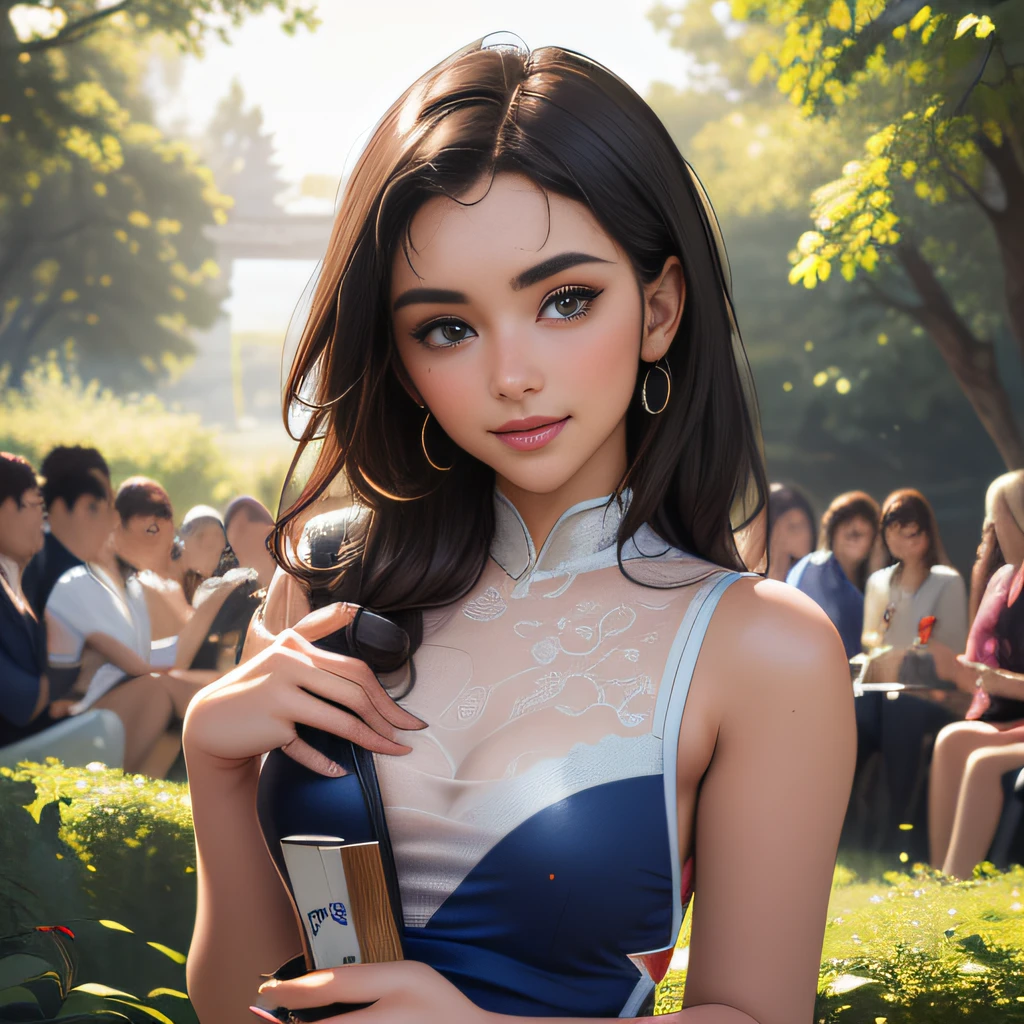 (Extremely detailed 8k wallpaper:2), (photo:2), (33 years old soigne Beautiful girl:2), (gives a lecture to friends:2), detailed (Face and eyes), (hyper realistic:1), (highly detailed:1), (epic realistic:1), rim light, (maximum details:1), cozy, (fullbody:1.3), (looking at viewer:2), (Woman's Attractive Qualities:2), (Attractive Woman:2), (Attractive:2), Smile, Intelligence, Empathy, Gracefulness, Sense of Style, Fitness, Grooming, Optimism, (Sensitivity:2), Sincerity, Romantic Gestures, Playfulness, Fashion Sense, (Sensuality:2), Charm, Modesty, Thoughtfulness, (Femininity:1), Flirtatiousness, Warmth, (Physical attractiveness:2), A beautiful smile, A love of life, strength and power, vulnerability, curiosity, wonder, love, (nature background:2), kawaii, waifu, Beautiful breasts, (attractive body:2), (Beautiful body:2), Beautiful pose, attractive pose, (Beautiful legs:1.0), (Beautiful clothes:1), (classic clothes:2), (elegant clothes:2), (European clothes:2), detailed clothes, (skirt:1), (blouse:1), (provocative pose)
