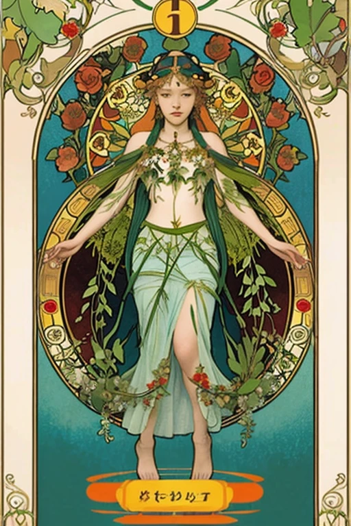 Tarot card, flowers, Girl, Turquoise, orange, red, yellow, brown tips Copy tips tmasterpiece、topquality、Alphonse Mucha、Jugendstil、 (Tarot card style:1.3)、Unique Tarot Card Structure, including floral and green elements、Upper torso、looking at the viewers、 In the middle of a green garden、The Mysterious Girl 、Dance with Unearthly Creatures。 roses、lily、Cherry treesleaves、moss、vine、Elegant dresses, Inspired by nature, leaves
