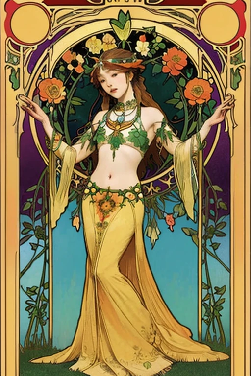 Genshin, 3 witches, nude, big breasts, dark hair, tarot card art, line art, clean line art, Nature-themed coloring mandala, colorful, simple and clean line art, adorned in Art Nouveau style, Alfons Mucha, perfect intricate details, realistic, nude (detailed breasts)