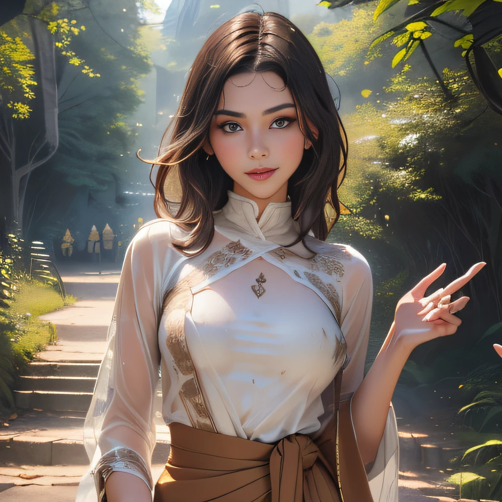 (Extremely detailed 8k wallpaper:2), (photo:2), (33 years old soigne Beautiful girl:2), (gives a lecture to friends:2), detailed (Face and eyes), (hyper realistic:1), (highly detailed:1), (epic realistic:1), rim light, (maximum details:1), cozy, (fullbody:1.3), (looking at viewer:2), (Woman's Attractive Qualities:2), (Attractive Woman:2), (Attractive:2), Smile, Intelligence, Empathy, Gracefulness, Sense of Style, Fitness, Grooming, Optimism, (Sensitivity:2), Sincerity, Romantic Gestures, Playfulness, Fashion Sense, (Sensuality:2), Charm, Modesty, Thoughtfulness, (Femininity:1), Flirtatiousness, Warmth, (Physical attractiveness:2), A beautiful smile, A love of life, strength and power, vulnerability, curiosity, wonder, love, (nature background:2), kawaii, waifu, Beautiful breasts, (attractive body:2), (Beautiful body:2), Beautiful pose, attractive pose, (Beautiful legs:1.0), (Beautiful clothes:1), (classic clothes:2), (elegant clothes:2), (European clothes:2), detailed clothes, (skirt:1), (blouse:1), (provocative pose)