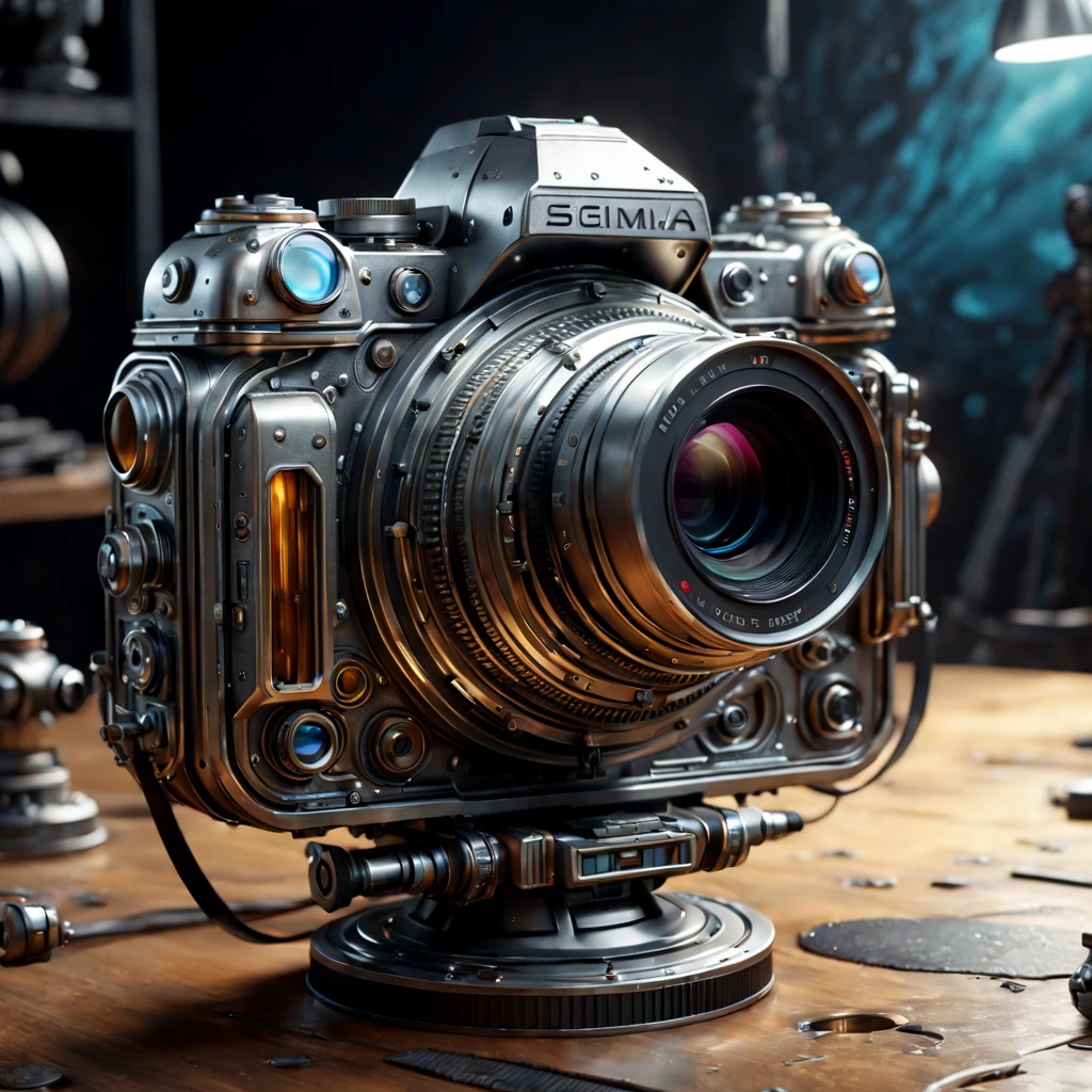 Metal camera with zoom lens, Surreal sci-fi style, Unreal Engine5, Hyper-realistic sculpture, Realistic brushstrokes, Surreal sci-fi style, Maximilian Pirna, daz 3d, glyphic, Magic waves, Made of liquid metal, sketch factory, movie set, Unreal Engine5, Photo show, Tim Okamura, detailed sketch, Realistic camera shooting, Realistic computer generated images, photorealistic high detail, too detailed art. SLR camera, ultra - detailed, photo-realism, Ultra-realistic rendering of details, Stunningly realistic graphics, high detail photography, unreal-engine. Sigma 35mm, Hyper-realistic rendering, Photorealistic rendering, Highly realistic photography