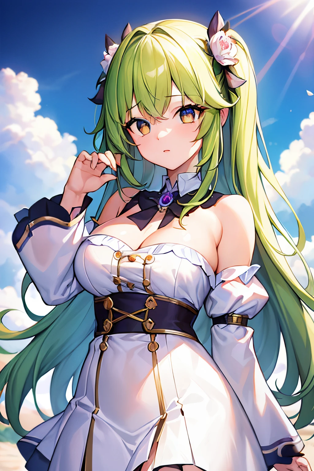 (girl1), (anime), white, with long green hair, jade green eyes, an 18 year old woman, with white stockings and a sexy dress, wearing a heroine costume consisting of a white sleeveless swimsuit with purple details and a yellow crescent moon on his chest. She also wears purple high boots, white gloves with spikes and metal plates on her waist and feet, look at her (breast size, they are size AAAA+:1.5),+,(Wearing three gold and glittering necklaces around her neck:2.0)