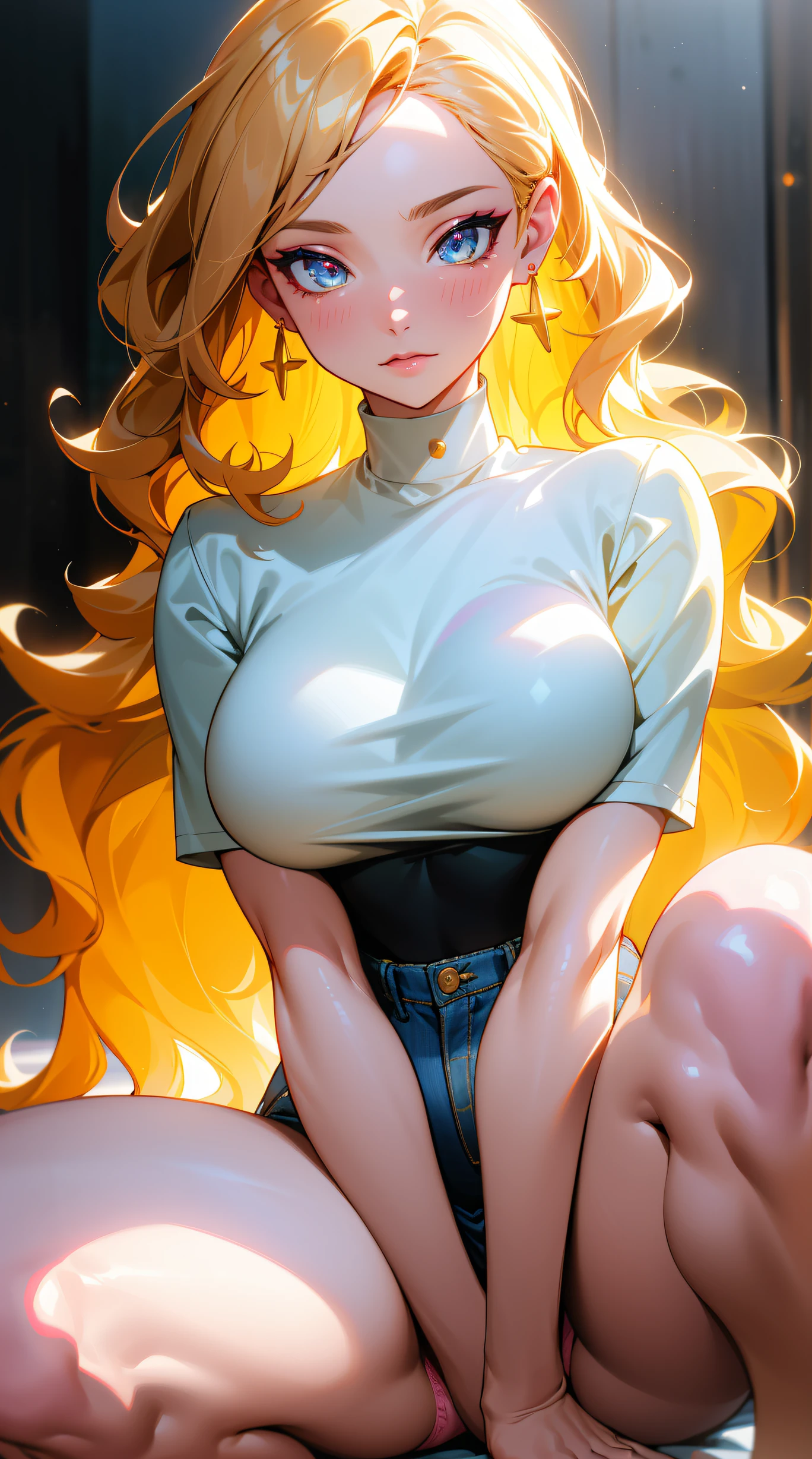 (best quality:1.5, highres, UHD, 4K, detailed lighting, shaders), gold wavy hair, gradient hair, large breasts, white shirt, skirt jeans, pink panties, mature woman , (pov), white background, colorful eyeshadow, dramatic lighting, sparkling eyes, sensual expression, golden earrings, flowing hair, delicate facial features, soft skin, high cheekbones, urban setting, white background, sitting squatting at the back with legs wide open)