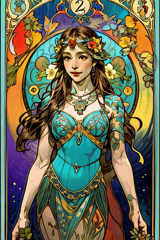 Turquoise, orange, red, yellow, brown ,tmasterpiece、topquality、Alphonse Mucha、Jugendstil、
(Tarot card style:1.3)、Unique Tarot Card Structure, including floral and green elements、Upper torso、looking at the viewers、
In the middle of a green garden、The Mysterious Girl 、Dance with Unearthly Creatures。
roses、lily、Cherry treesleaves、moss、vine、Elegant dresses, Inspired by nature、Necklace with flowers and leaves、hair ornaments、Butterflies、bird、bee、Tarot symbols, Reimagined with floral and green ornaments、godesses、Flower Garden、woods、Natural background, like a, For example, shore of the lake、Efficient use of light and shadow、
Realistic & ultra realisic, kindness