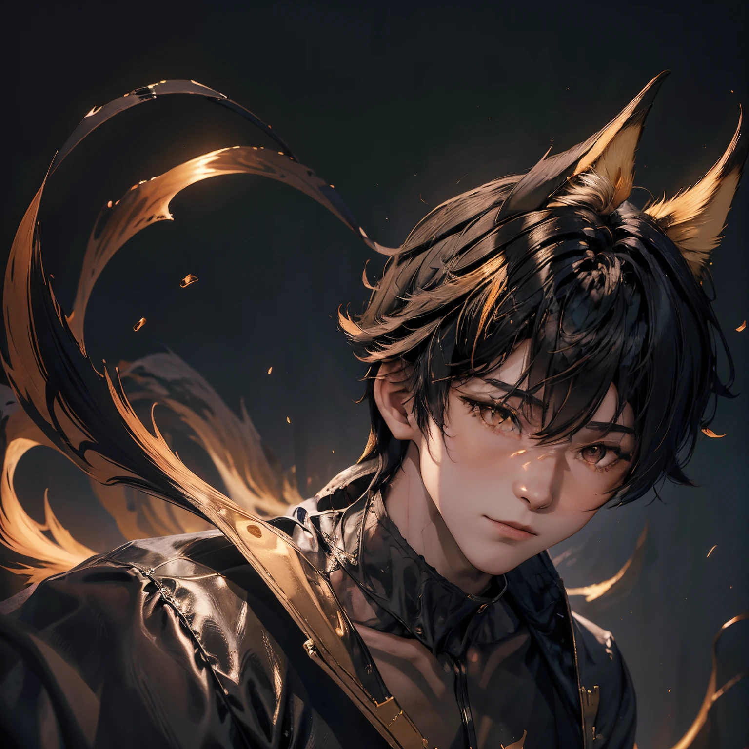 (1boy), (golden eyes), kitsune, shadow creature, body is surrounded by black mist, high res, quality, masterpiece, korean, holding a fan, smirking, melanated fox ears on top of his head, cheeky, fox tail, ominous bedroom background, orange and black hair, medium hair length, sitting on the bed, staring into camera, tan skin.