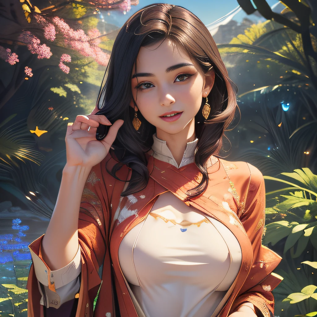(Extremely detailed 8k wallpaper:2), (photo:2), (22 years old soigne Beautiful girl:2), (gives a lecture to friends:2), detailed (Face and eyes), (hyper realistic:1), (highly detailed:1), (epic realistic:1), rim light, (maximum details:1), cozy, (fullbody:1.3), (looking at viewer:2), (Woman's Attractive Qualities:2), (Attractive Woman:2), (Attractive:2), Smile, Intelligence, Empathy, Gracefulness, Sense of Style, Fitness, Grooming, Optimism, (Sensitivity:2), Sincerity, Romantic Gestures, Playfulness, Fashion Sense, (Sensuality:2), Charm, Modesty, Thoughtfulness, (Femininity:1), Flirtatiousness, Warmth, (Physical attractiveness:2), A beautiful smile, A love of life, strength and power, vulnerability, curiosity, wonder, love, (nature background:2), kawaii, waifu, Beautiful breasts, (attractive body:2), (Beautiful body:2), Beautiful pose, attractive pose, (Beautiful legs:1.0), (Beautiful clothes:1), (classic clothes:2), (elegant clothes:2), (European clothes:2), detailed clothes, (skirt:1), (blouse:1), (provocative pose)