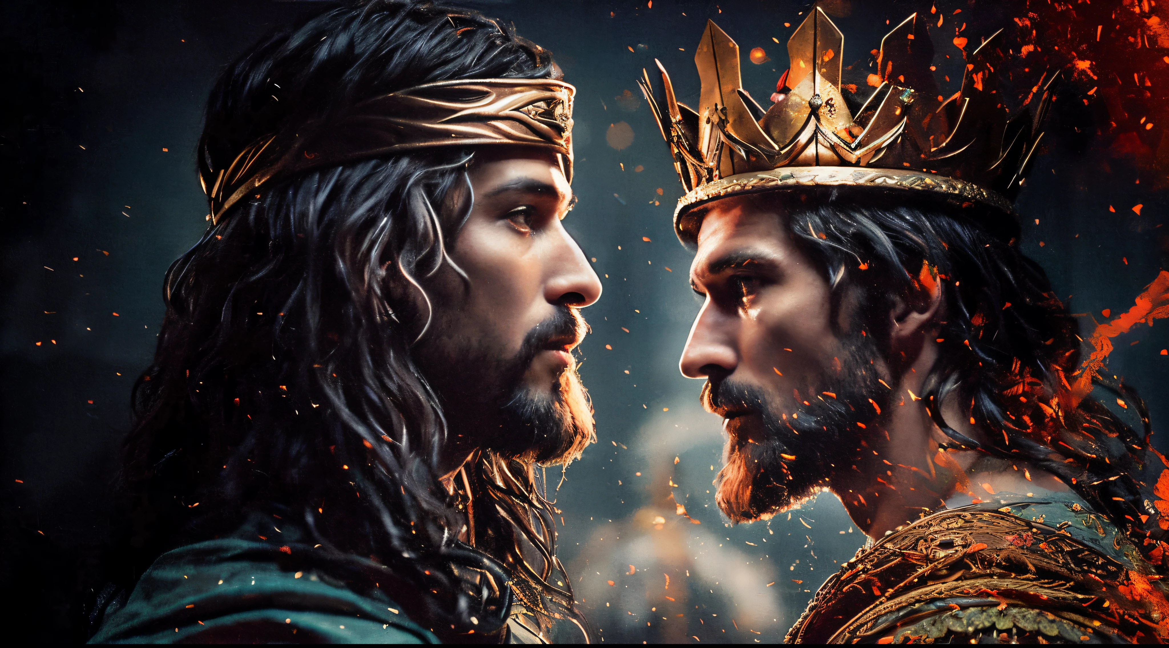 a close-up of two men with crowns on their heads, Batalha dos Reis, Petros e Leonid, dramatic artwork, Directed by: Adam Marczyński, Rei dos Reis, Retorno do Rei. cinemactic, batalha entre o bem e o mal, Directed by: Roman Bezpalkiv, by Hristofor Žefarović, Directed by: Micha Klein
