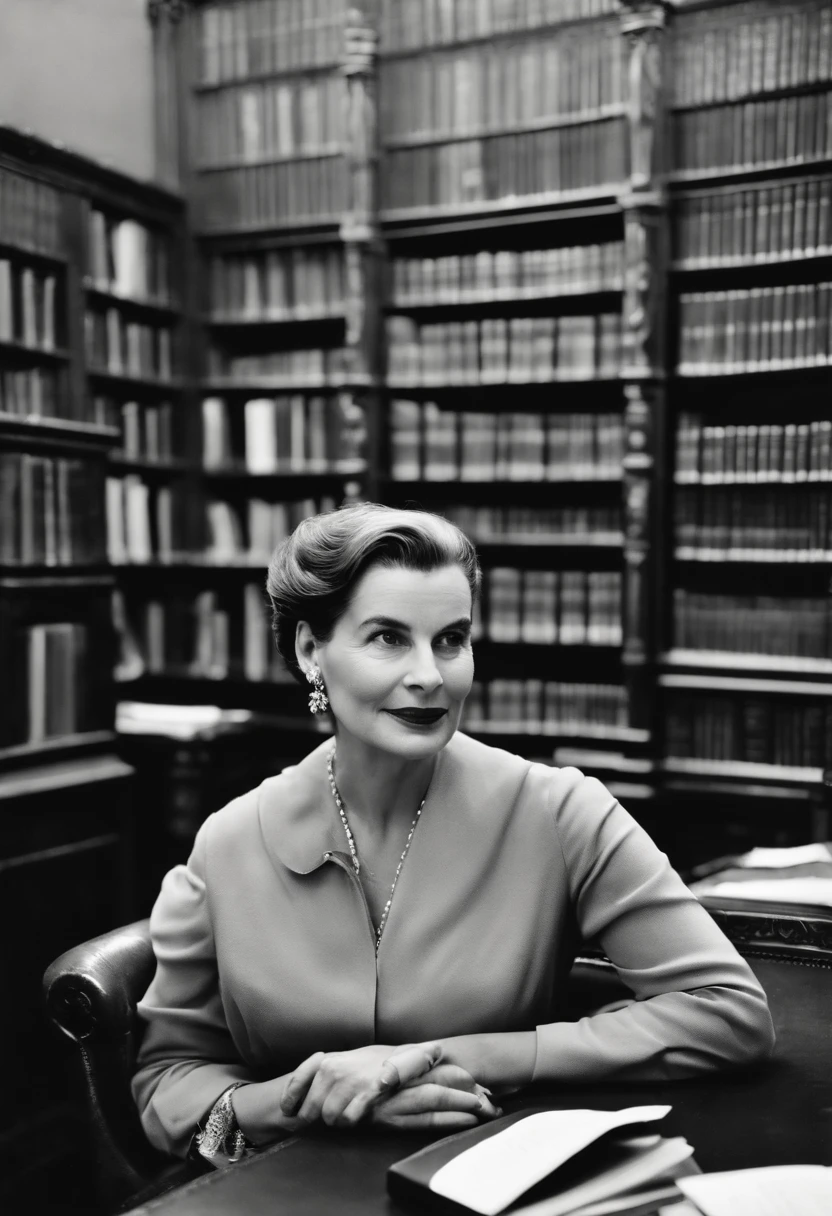 A candid shot of Vivian engaged in a lively discussion about classic literature with a group of enthusiastic library patrons, her eyes sparkling with intellect and her hand gesturing animatedly.,original,Vivian Hawthorne, the master librarian at the New York City Public Library, is a picture of elegance and intelligence. In her mid-fifties, she has sharp, observant eyes that miss nothing, framed by silver-streaked hair often pulled back in a sleek bun. Her attire is always classic and impeccable, befitting the grandeur of the library’s halls which she navigates with a poised grace.