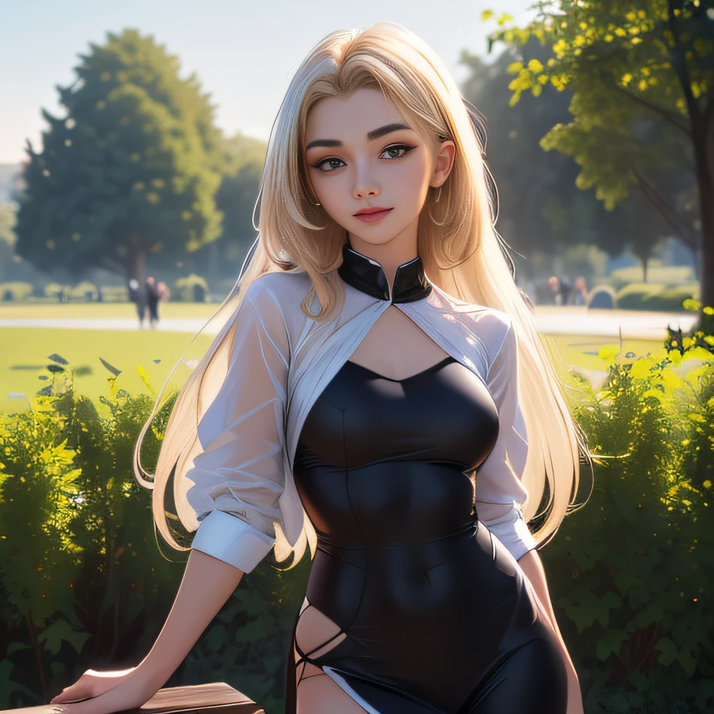 (Extremely detailed 8k wallpaper:2), (photo:2), (26 years old soigne Beautiful girl:2), (gives a lecture to friends:2), detailed (Face and eyes), (hyper realistic:1), (highly detailed:1), (epic realistic:1), rim light, (maximum details:1), cozy, (fullbody:1.3), (looking at viewer:2), (Woman's Attractive Qualities:2), (Attractive Woman:2), (Attractive:2), Smile, Intelligence, Empathy, Gracefulness, Sense of Style, Fitness, Grooming, Optimism, (Sensitivity:2), Sincerity, Romantic Gestures, Playfulness, Fashion Sense, (Sensuality:2), Charm, Modesty, Thoughtfulness, (Femininity:1), Flirtatiousness, Warmth, (Physical attractiveness:2), A beautiful smile, A love of life, strength and power, vulnerability, curiosity, wonder, love, (nature background:2), kawaii, waifu, Beautiful breasts, (attractive body:2), (Beautiful body:2), Beautiful pose, attractive pose, (Beautiful legs:1.0), (Beautiful clothes:1), (classic clothes:2), (elegant clothes:2), (European clothes:2), detailed clothes, (skirt:1), (blouse:1), (provocative pose)