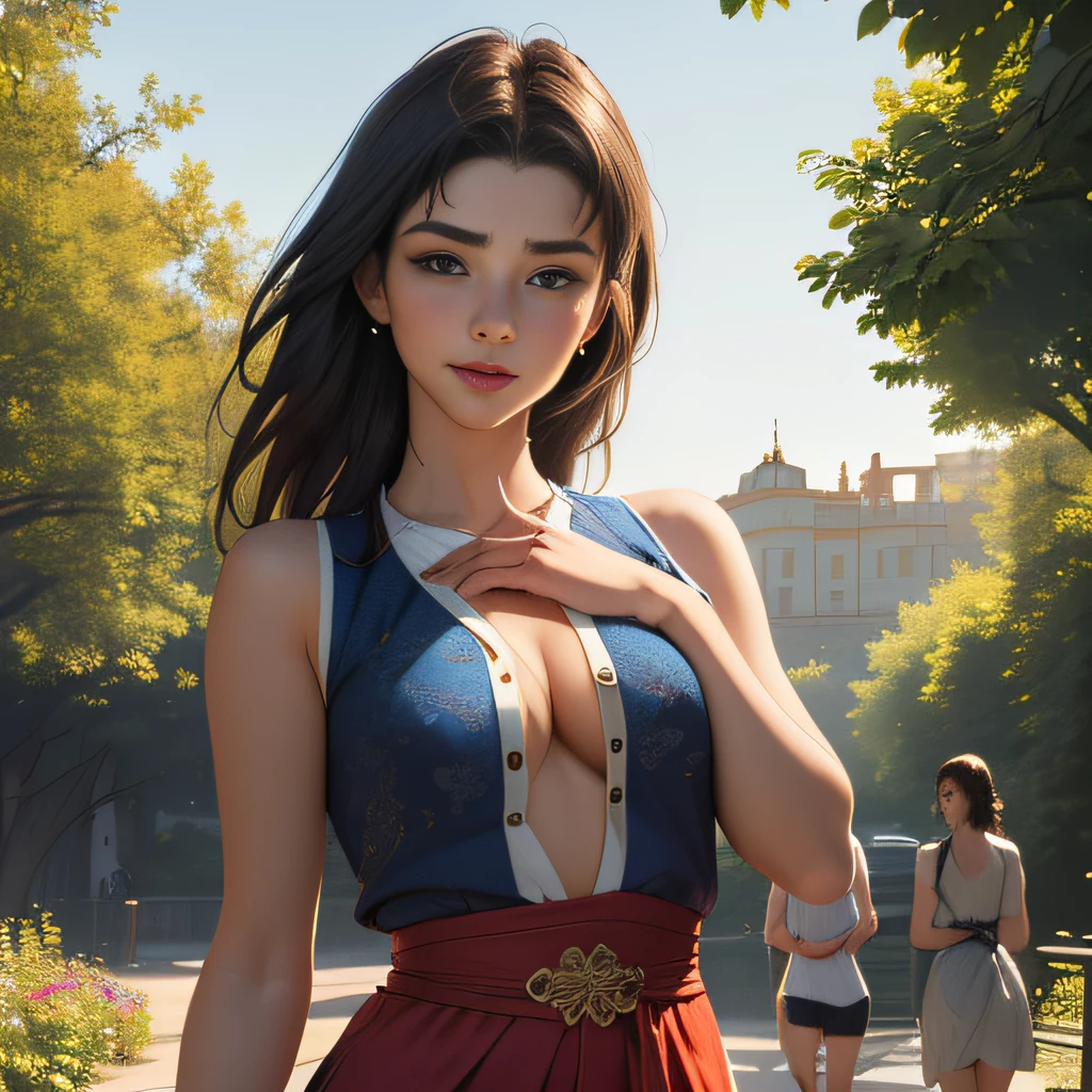 (Extremely detailed 8k wallpaper:2), (photo:2), (33 years old soigne Beautiful girl:2), (gives a lecture to friends:2), detailed (Face and eyes), (hyper realistic:1), (highly detailed:1), (epic realistic:1), rim light, (maximum details:1), cozy, (fullbody:1.3), (looking at viewer:2), (Woman's Attractive Qualities:2), (Attractive Woman:2), (Attractive:2), Smile, Intelligence, Empathy, Gracefulness, Sense of Style, Fitness, Grooming, Optimism, (Sensitivity:2), Sincerity, Romantic Gestures, Playfulness, Fashion Sense, (Sensuality:2), Charm, Modesty, Thoughtfulness, (Femininity:1), Flirtatiousness, Warmth, (Physical attractiveness:2), A beautiful smile, A love of life, strength and power, vulnerability, curiosity, wonder, love, (nature background:2), kawaii, waifu, Beautiful breasts, (attractive body:2), (Beautiful body:2), Beautiful pose, attractive pose, (Beautiful legs:1.0), (Beautiful clothes:1), (classic clothes:2), (elegant clothes:2), (European clothes:2), detailed clothes, (skirt:1), (blouse:1), (provocative pose)