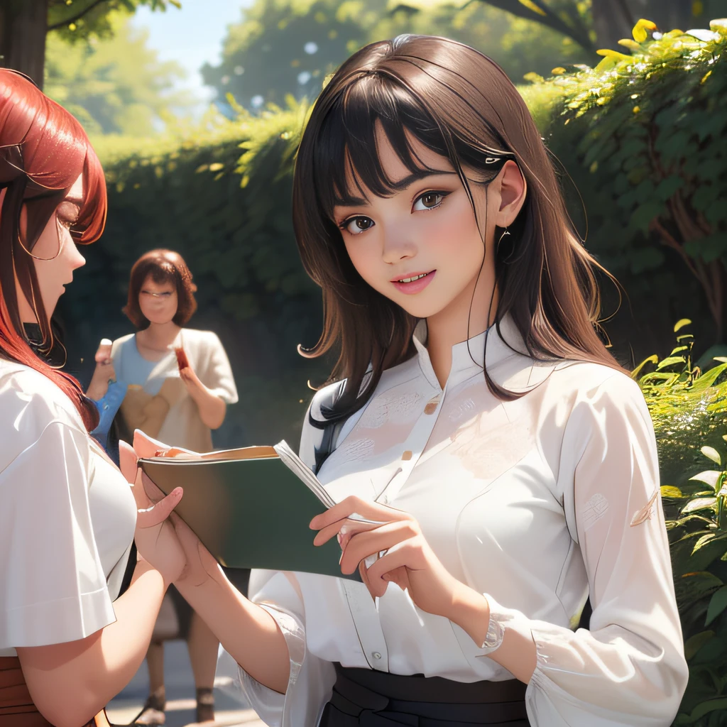 (Extremely detailed 8k wallpaper:2), (photo:2), (33 years old soigne Beautiful girl:2), (gives a lecture to friends:2), detailed (Face and eyes), (hyper realistic:1), (highly detailed:1), (epic realistic:1), rim light, (maximum details:1), cozy, (fullbody:1.3), (looking at viewer:2), (Woman's Attractive Qualities:2), (Attractive Woman:2), (Attractive:2), Smile, Intelligence, Empathy, Gracefulness, Sense of Style, Fitness, Grooming, Optimism, (Sensitivity:2), Sincerity, Romantic Gestures, Playfulness, Fashion Sense, (Sensuality:2), Charm, Modesty, Thoughtfulness, (Femininity:1), Flirtatiousness, Warmth, (Physical attractiveness:2), A beautiful smile, A love of life, strength and power, vulnerability, curiosity, wonder, love, (nature background:2), kawaii, waifu, Beautiful breasts, (attractive body:2), (Beautiful body:2), Beautiful pose, attractive pose, (Beautiful legs:1.0), (Beautiful clothes:1), (classic clothes:2), (elegant clothes:2), (European clothes:2), detailed clothes, (skirt:1), (blouse:1), (provocative pose)