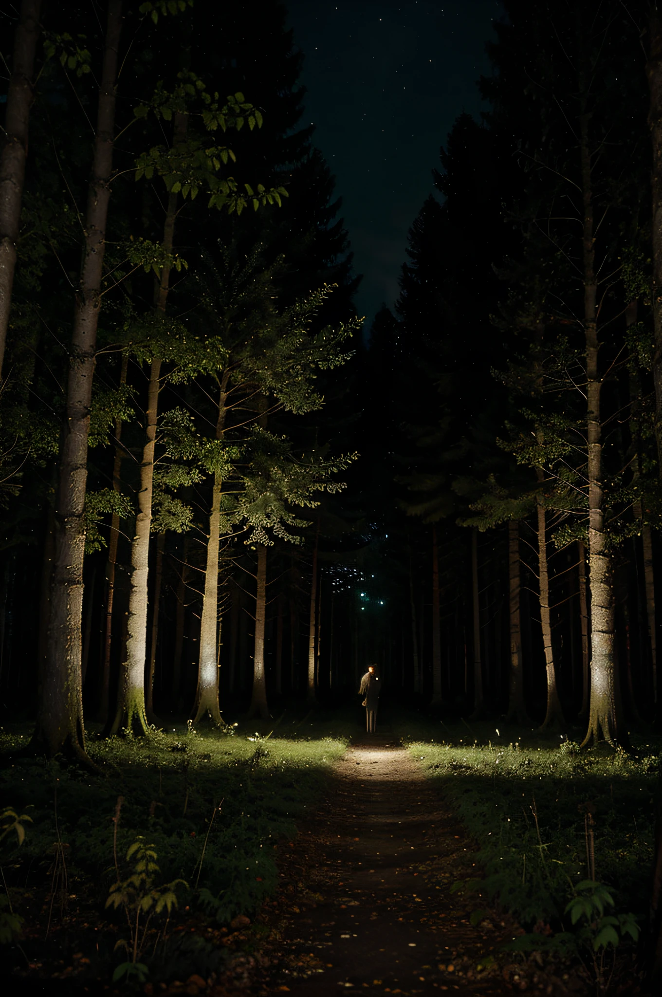 foret magique, nuit noir, lucioles, effect magique, beaucoup d'arbres,