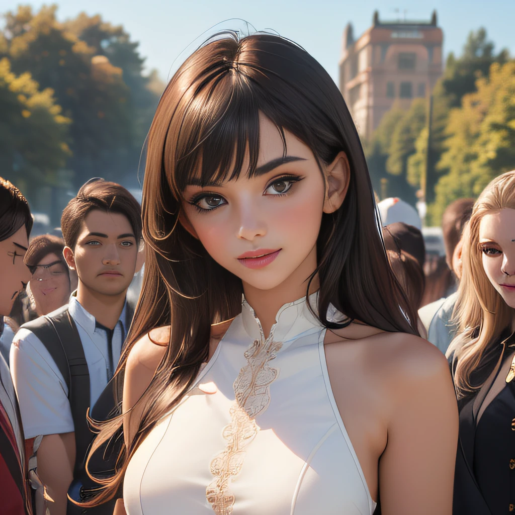(Extremely detailed 8k wallpaper:2), (photo:2), (33 years old soigne Beautiful girl:2), (gives a lecture to friends:2), detailed (Face and eyes), (hyper realistic:1), (highly detailed:1), (epic realistic:1), rim light, (maximum details:1), cozy, (fullbody:1.3), (looking at viewer:2), (Woman's Attractive Qualities:2), (Attractive Woman:2), (Attractive:2), Smile, Intelligence, Empathy, Gracefulness, Sense of Style, Fitness, Grooming, Optimism, (Sensitivity:2), Sincerity, Romantic Gestures, Playfulness, Fashion Sense, (Sensuality:2), Charm, Modesty, Thoughtfulness, (Femininity:1), Flirtatiousness, Warmth, (Physical attractiveness:2), A beautiful smile, A love of life, strength and power, vulnerability, curiosity, wonder, love, (nature background:2), kawaii, waifu, Beautiful breasts, (attractive body:2), (Beautiful body:2), Beautiful pose, attractive pose, (Beautiful legs:1.0), (Beautiful clothes:1), (classic clothes:2), (elegant clothes:2), (European clothes:2), detailed clothes, (skirt:1), (blouse:1), (provocative pose)
