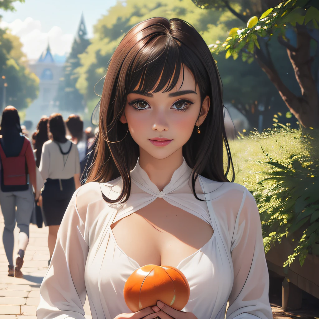 (Extremely detailed 8k wallpaper:2), (photo:2), (31 years old soigne Beautiful girl:2), (gives a lecture to friends:2), detailed (Face and eyes), (hyper realistic:1), (highly detailed:1), (epic realistic:1), rim light, (maximum details:1), cozy, (fullbody:1.3), (looking at viewer:2), (Woman's Attractive Qualities:2), (Attractive Woman:2), (Attractive:2), Smile, Intelligence, Empathy, Gracefulness, Sense of Style, Fitness, Grooming, Optimism, (Sensitivity:2), Sincerity, Romantic Gestures, Playfulness, Fashion Sense, (Sensuality:2), Charm, Modesty, Thoughtfulness, (Femininity:1), Flirtatiousness, Warmth, (Physical attractiveness:2), A beautiful smile, A love of life, strength and power, vulnerability, curiosity, wonder, love, (nature background:2), kawaii, waifu, Beautiful breasts, (attractive body:2), (Beautiful body:2), Beautiful pose, attractive pose, (Beautiful legs:1.0), (Beautiful clothes:1), (classic clothes:2), (elegant clothes:2), (European clothes:2), detailed clothes, (skirt:1), (blouse:1), (provocative pose)