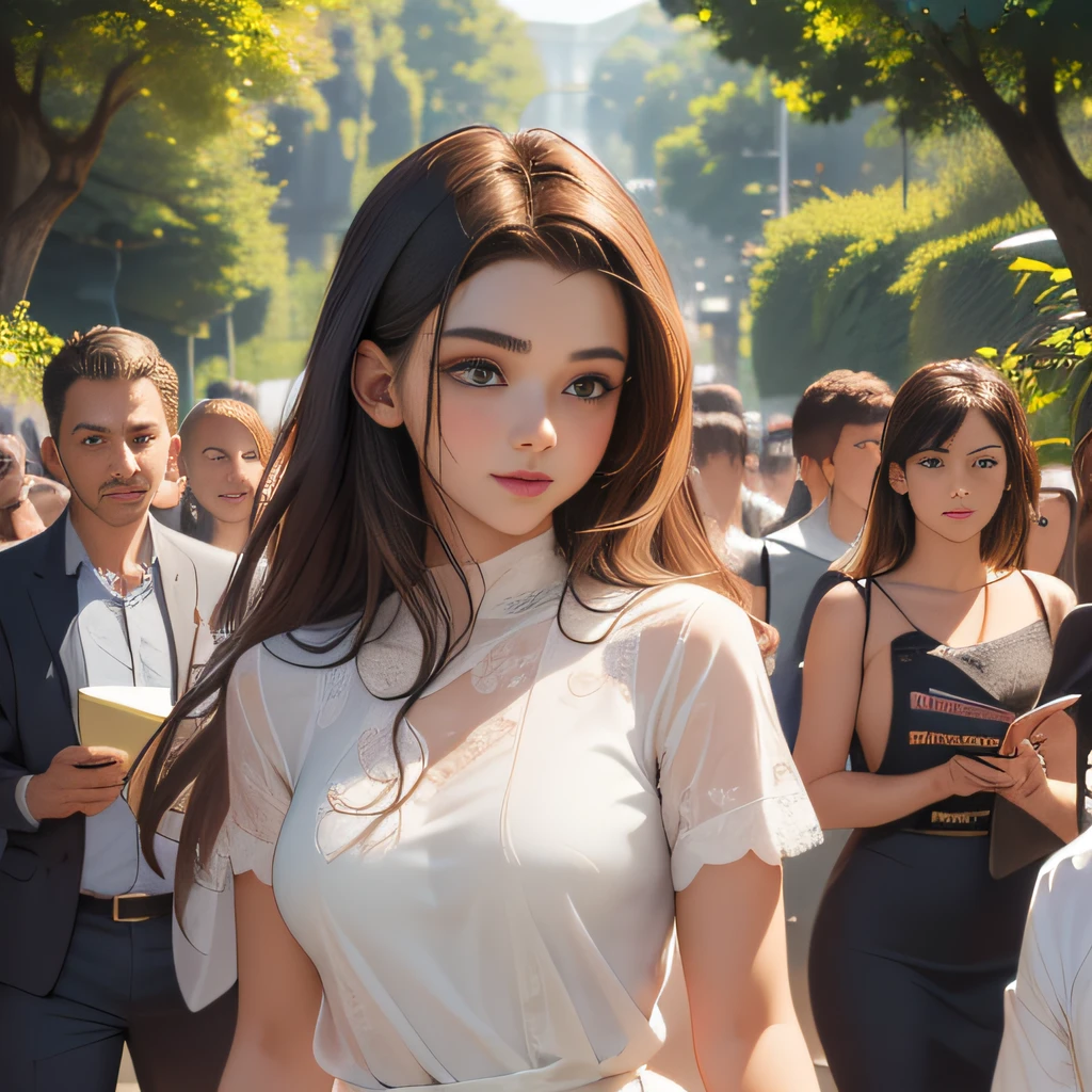 (Extremely detailed 8k wallpaper:2), (photo:2), (soigne Beautiful girl:2), (gives a lecture to friends:2), detailed (Face and eyes), (hyper realistic:1), (highly detailed:1), (epic realistic:1), rim light, (maximum details:1), cozy, (fullbody:1.3), (looking at viewer:2), (Woman's Attractive Qualities:2), (Attractive Woman:2), (Attractive:2), Smile, Intelligence, Empathy, Gracefulness, Sense of Style, Fitness, Grooming, Optimism, (Sensitivity:2), Sincerity, Romantic Gestures, Playfulness, Fashion Sense, (Sensuality:2), Charm, Modesty, Thoughtfulness, (Femininity:1), Flirtatiousness, Warmth, (Physical attractiveness:2), A beautiful smile, A love of life, strength and power, vulnerability, curiosity, wonder, love, (nature background:2), kawaii, waifu, Beautiful breasts, (attractive body:2), (Beautiful body:2), Beautiful pose, attractive pose, (Beautiful legs:1.0), (Beautiful clothes:1), (classic clothes:2), (elegant clothes:2), (European clothes:2), detailed clothes, (skirt:1), (blouse:1), (provocative pose)
