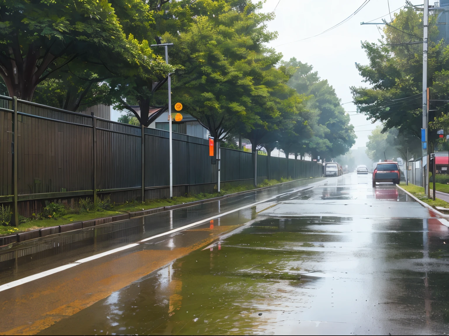 Scenery immediately after the rain has risen、The road surface is wet, school