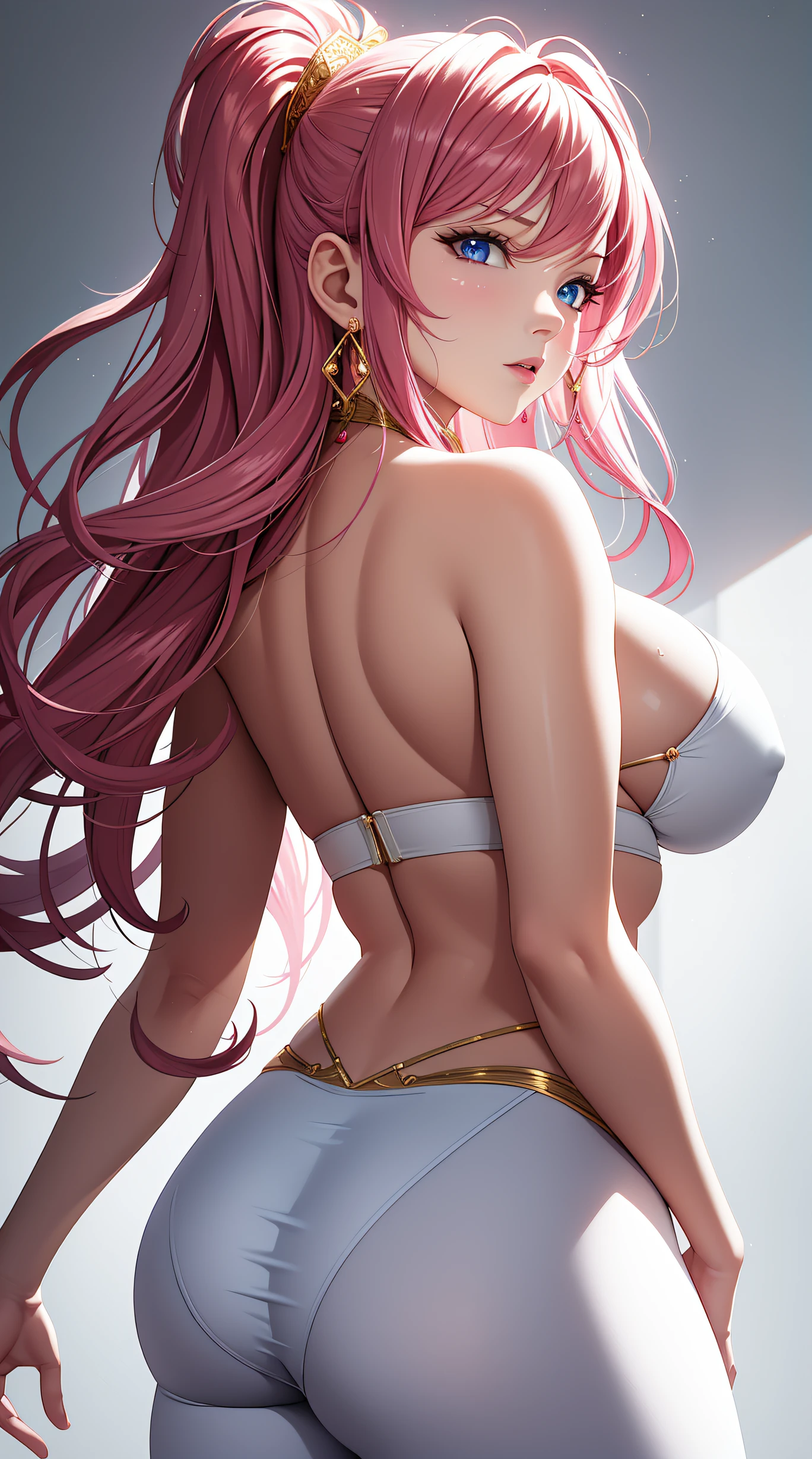 (best quality:1.5, highres, UHD, 4K, detailed lighting, shaders), pink wavy hair, gradient hair, large breasts, suit, social lomg pants, mature woman , (pov), white background, colorful eyeshadow, dramatic lighting, sparkling eyes, sensual expression, golden earrings, flowing hair, delicate facial features, soft skin, high cheekbones, urban setting, white background, dont look for the camera, lean forward. render from back,