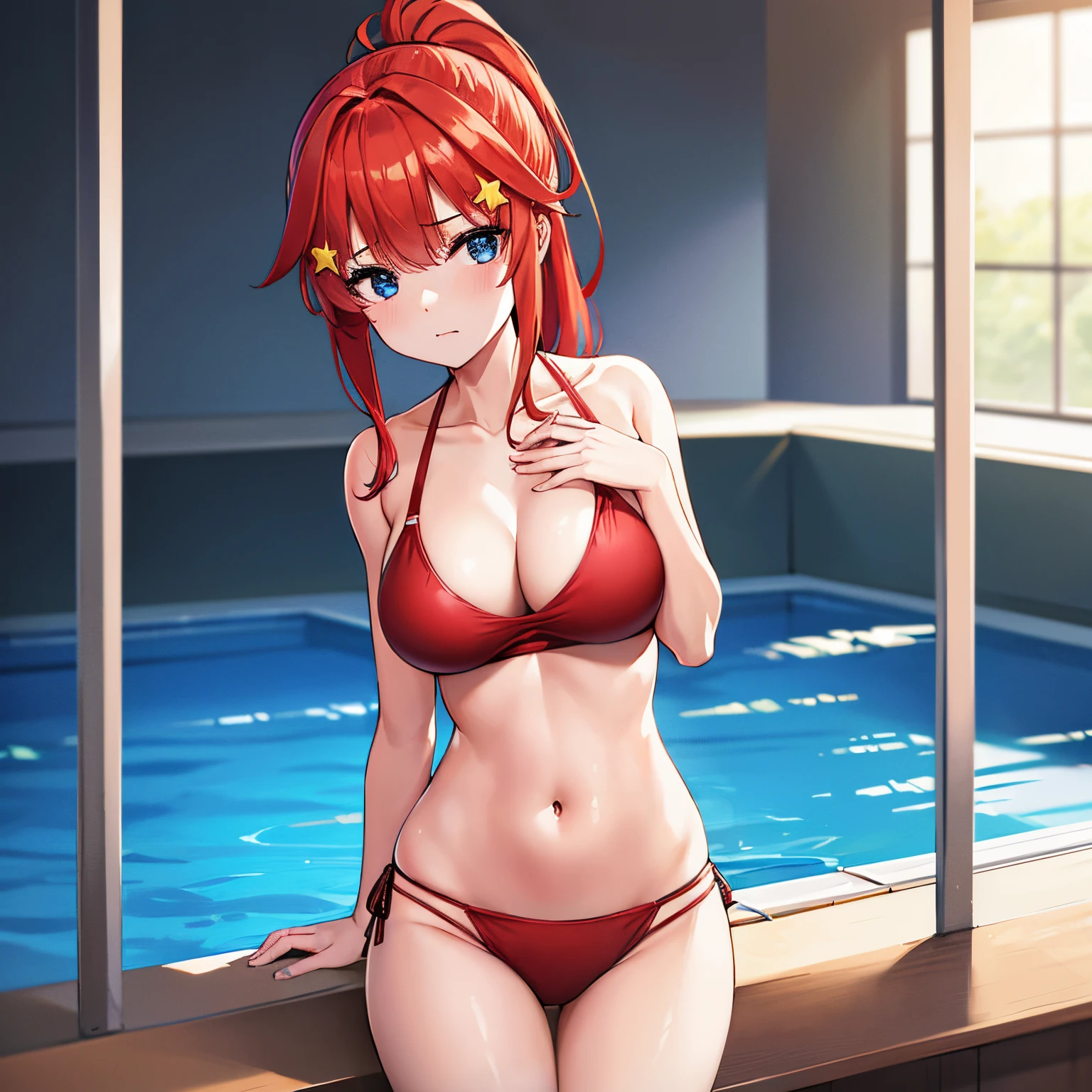 1girl, alone, itsuki nakano, ponytail, red hair, bangs, blue eyes, hair between eyes, ahoge, red hair, star \(symbol\), hair ornament, star hair ornament, navel, clavicle, swimsuit, bikini, red bikini, panties with side tie, halter neck, REST inside, pool, pool, REST looking at viewer, (cowboy shot), BREAK, (masterpiece), best quality, high resolution, unity 8k wallpaper, (illustration), (beautiful detailed eyes), extremely detailed face, perfect lighting, extremely detailed CG, (perfect hands, perfect anatomy), big breasts , medium waist, wide hips, wide thighs
