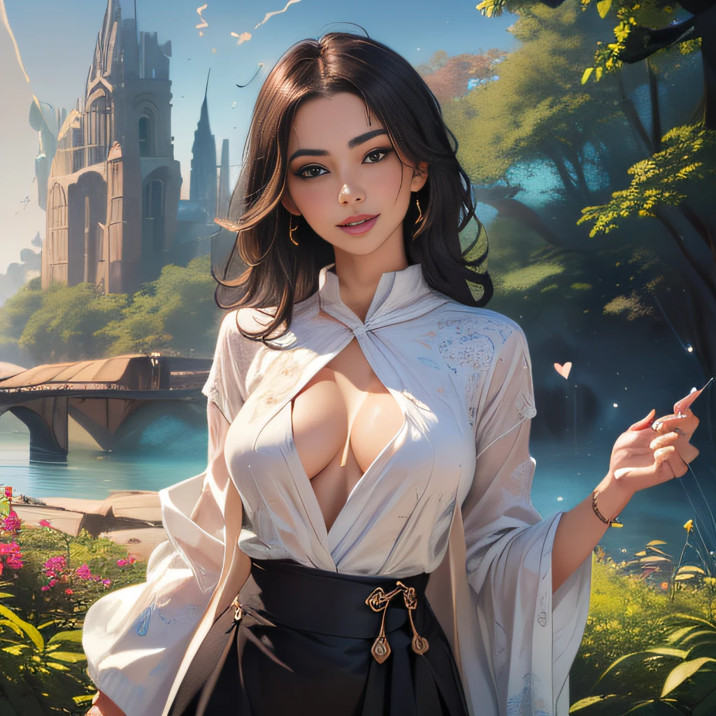 (Extremely detailed 8k wallpaper:2), (photo:2), (33 years old soigne Beautiful girl:2), (gives a lecture to friends:2), detailed (Face and eyes), (hyper realistic:1), (highly detailed:1), (epic realistic:1), rim light, (maximum details:1), cozy, (fullbody:1.3), (looking at viewer:2), (Woman's Attractive Qualities:2), (Attractive Woman:2), (Attractive:2), Smile, Intelligence, Empathy, Gracefulness, Sense of Style, Fitness, Grooming, Optimism, (Sensitivity:2), Sincerity, Romantic Gestures, Playfulness, Fashion Sense, (Sensuality:2), Charm, Modesty, Thoughtfulness, (Femininity:1), Flirtatiousness, Warmth, (Physical attractiveness:2), A beautiful smile, A love of life, strength and power, vulnerability, curiosity, wonder, love, (nature background:2), kawaii, waifu, Beautiful breasts, (attractive body:2), (Beautiful body:2), Beautiful pose, attractive pose, (Beautiful legs:1.0), (Beautiful clothes:1), (classic clothes:2), (elegant clothes:2), (European clothes:2), detailed clothes, (skirt:1), (blouse:1), (provocative pose)