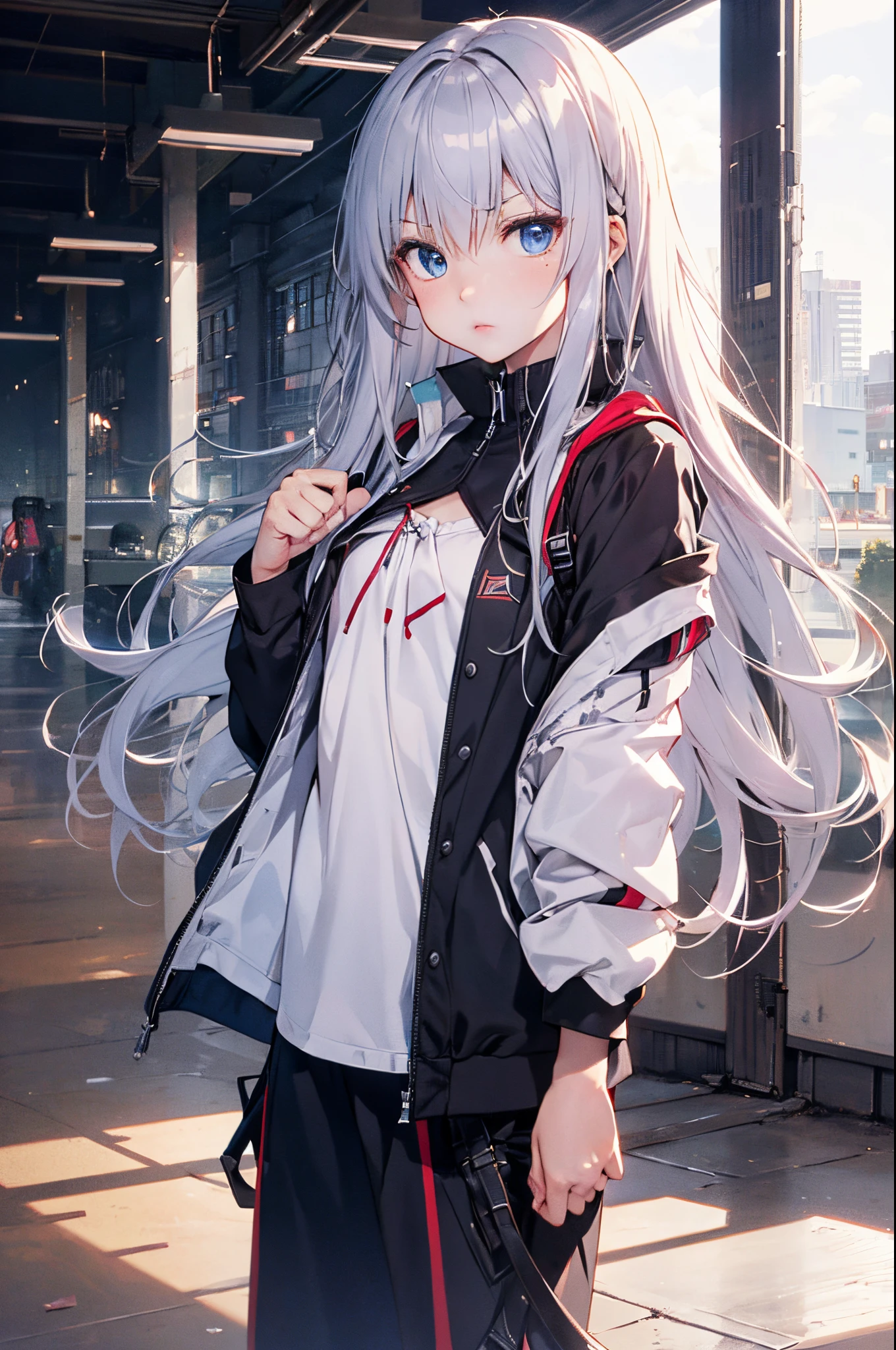 （Bad girl:1.1）、(Daytime:1.5)、(and chest:1.4)、Raw photography, top-quality, hight resolution, (​masterpiece), (Photorealsitic:1.4), (Mole under the eyes),Anime Cosplay, foco nítido, nffsw, 8K分辨率, intricate detailes, depth of fields, the Extremely Detailed CG Unity 8K Wallpapers, front lit, femele,25-years old、 Angry look、fight、(tying  hair:1.5)、(Medium Showtrain Bo Hair)、(School run:1.3)、blue eyess,(:1.5)、(Special attack suit:1.3)、(Full body depiction)、(Fist pointing towards you:1.2)、a park、校服