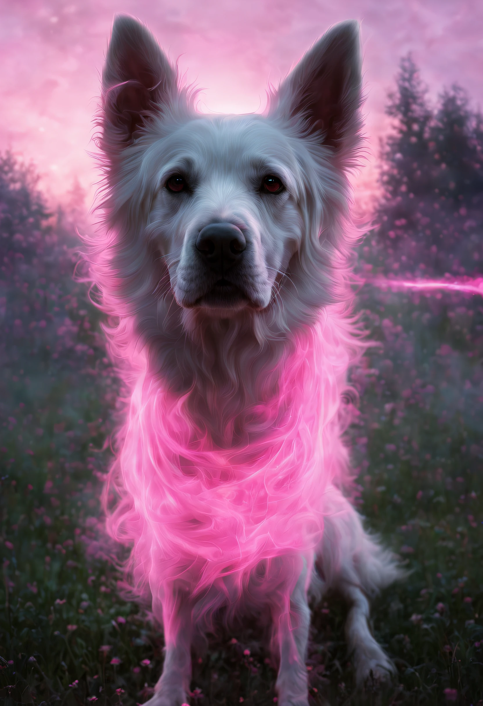 A ghost of a dog guarding the house lawn, a dog pink hologram texture, pink translucent spirit of a dog, spirit dog hologram, low opacity, conceptual art, ghostly form, pink fog around the spirit of the dog, glowing fog intricate ghosty dog, photorealistic, glowing spirit dog, photoreal, hyperrealism