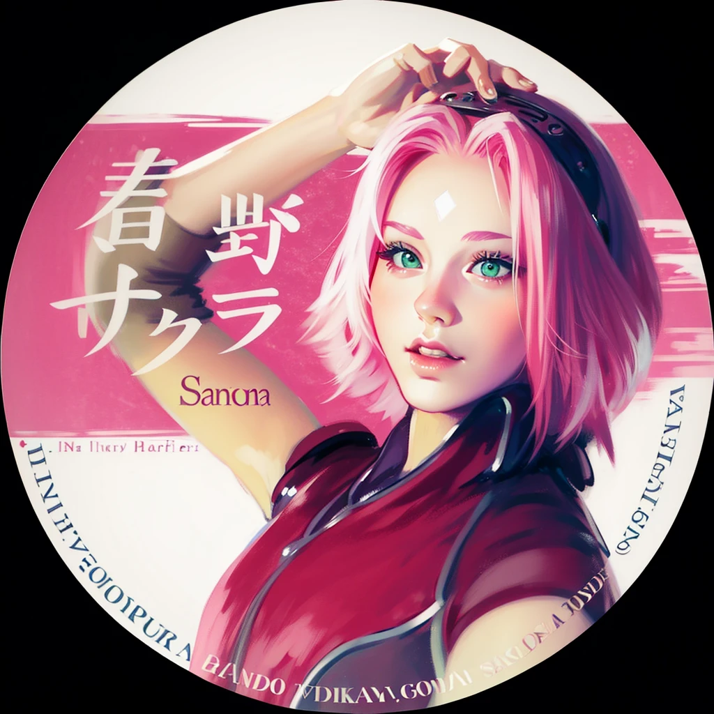 young woman, porcelain skin, short bubblegum pink hair, big forehead, jade green eyes, buttoned nose, pink lips, green vest, cute, Sakura Haruno, realism, 3d