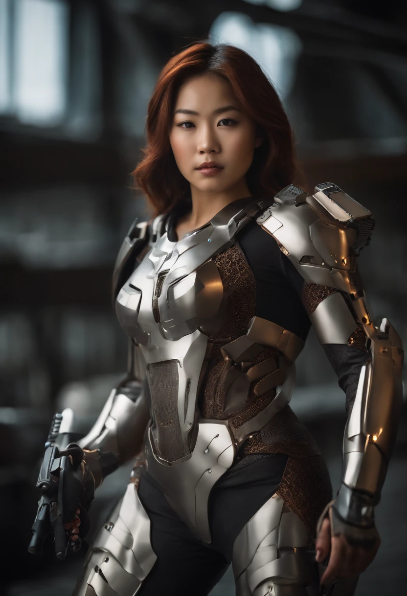 7 Asian woman,(Asian woman:1.5), Chinese eyes the color of honey chocolates,chocolate eye color, ((Red hair:1.5),normal_breasts,
(dimples on her cheeks:1:5),(angry face:1:5), (small Asian eyes:1.2), looking forward, light chocolate color, (LATINA BODY, WIDE HIPS:1.3),
futuristic armor on small chests, equipment strap on the waist, gun on the hip, (bodysuit :1.2), (machanical armor gloves:1.3),female cyborg.diverse cybersuits,
(mechanical armor leggins:1.2), mechanical, electricity, elaborate detail,armor in cyberpunk style, futuristic robot body, female cyborg.diverse cybersuits
battle field, Full shot, plano integral fotografia, low angle camera, Fantasy Color matching. entire plans