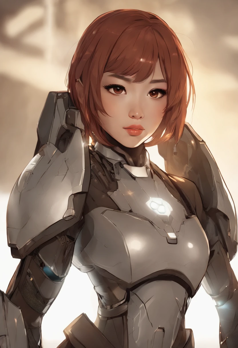 7 Asian woman,(Asian woman:1.5), Chinese eyes the color of honey chocolates,chocolate eye color, ((Red hair:1.5),normal_breasts,
(dimples on her cheeks:1:5),(angry face:1:5), (small Asian eyes:1.2), looking forward, light chocolate color, (LATINA BODY, WIDE HIPS:1.3),
futuristic armor on small chests, equipment strap on the waist, gun on the hip, (bodysuit :1.2), (machanical armor gloves:1.3),female cyborg.diverse cybersuits,
(mechanical armor leggins:1.2), mechanical, electricity, elaborate detail,armor in cyberpunk style, futuristic robot body, female cyborg.diverse cybersuits
battle field, Full shot, plano integral fotografia, low angle camera, Fantasy Color matching. entire plans