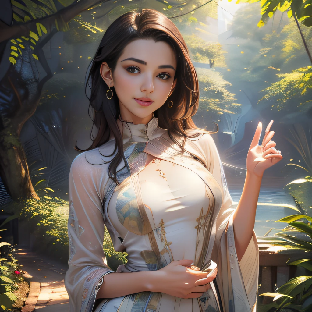 (Extremely detailed 8k wallpaper:2), (photo:2), (26 years old soigne Beautiful girl:2), (gives a lecture to friends:2), detailed (Face and eyes), (hyper realistic:1), (highly detailed:1), (epic realistic:1), rim light, (maximum details:1), cozy, (fullbody:1.3), (looking at viewer:2), (Woman's Attractive Qualities:2), (Attractive Woman:2), (Attractive:2), Smile, Intelligence, Empathy, Gracefulness, Sense of Style, Fitness, Grooming, Optimism, (Sensitivity:2), Sincerity, Romantic Gestures, Playfulness, Fashion Sense, (Sensuality:2), Charm, Modesty, Thoughtfulness, (Femininity:1), Flirtatiousness, Warmth, (Physical attractiveness:2), A beautiful smile, A love of life, strength and power, vulnerability, curiosity, wonder, love, (nature background:2), kawaii, waifu, Beautiful breasts, (attractive body:2), (Beautiful body:2), Beautiful pose, attractive pose, (Beautiful legs:1.0), (Beautiful clothes:1), (classic clothes:2), (elegant clothes:2), (European clothes:2), detailed clothes, (skirt:1), (blouse:1), (provocative pose)
