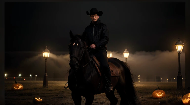 create ultra realistic image of a man, with black clothes, riding on a black horse, intense fog, darkness, pumpkins