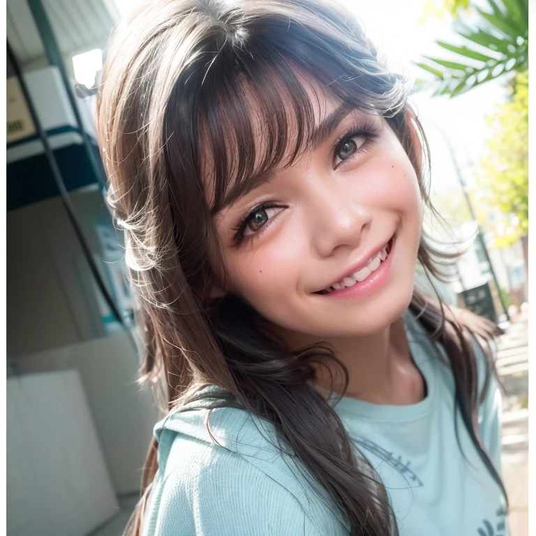 um close up de uma jovem com cabelos compridos sorrindo, Parece Fabiula Nascimento, ela tem cerca de 1 6 anos de idade, 19-year-old girl, de uma menina anjo bonita, menina jovem bonito, Alanis Guillen, she is smiling and excited, com um lindo sorriso, she is smiling and happy, She is grinning
