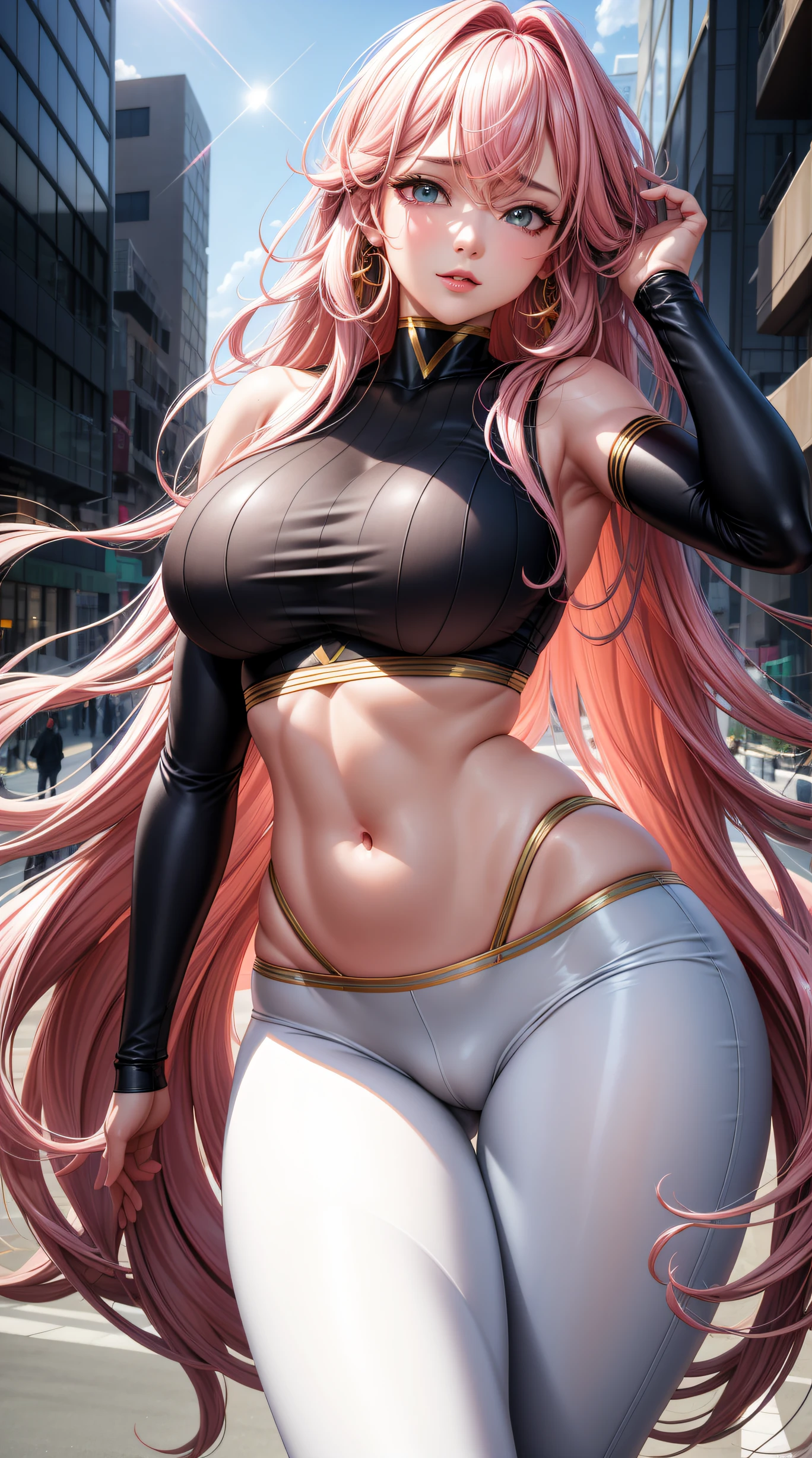 (best quality:1.5, highres, UHD, 4K, detailed lighting, shaders), pink wavy hair, gradient hair, large breasts, suit, social lomg pants, mature woman , (pov), white background, colorful eyeshadow, dramatic lighting, sparkling eyes, sensual expression, golden earrings, flowing hair, delicate facial features, soft skin, high cheekbones, urban setting, white background, dont look for the camera, lean forward, Render 4 poses,