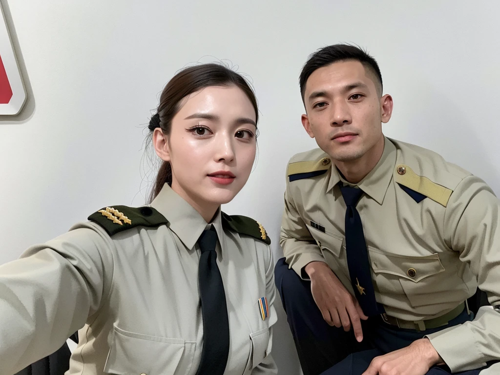 they are two people in uniform posing for a picture, in uniform, wearing military uniform, in military uniform, wearing a military uniform, ayanamikodon and irakli nadar, full uniform, in pilote, wearing military outfit, uniform, ash thorp khyzyl saleem, selfie, wpol and sarasti, in a soldier uniform