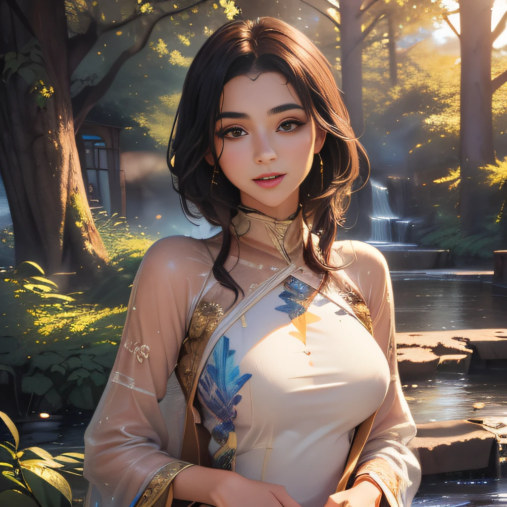 (Extremely detailed 8k wallpaper:2), (photo:2), (33 years old soigne Beautiful girl:2), (gives a lecture to friends:2), detailed (Face and eyes), (hyper realistic:1), (highly detailed:1), (epic realistic:1), rim light, (maximum details:1), cozy, (fullbody:1.3), (looking at viewer:2), (Woman's Attractive Qualities:2), (Attractive Woman:2), (Attractive:2), Smile, Intelligence, Empathy, Gracefulness, Sense of Style, Fitness, Grooming, Optimism, (Sensitivity:2), Sincerity, Romantic Gestures, Playfulness, Fashion Sense, (Sensuality:2), Charm, Modesty, Thoughtfulness, (Femininity:1), Flirtatiousness, Warmth, (Physical attractiveness:2), A beautiful smile, A love of life, strength and power, vulnerability, curiosity, wonder, love, (nature background:2), kawaii, waifu, Beautiful breasts, (attractive body:2), (Beautiful body:2), Beautiful pose, attractive pose, (Beautiful legs:1.0), (Beautiful clothes:1), (classic clothes:2), (elegant clothes:2), (European clothes:2), detailed clothes, (skirt:1), (blouse:1), (provocative pose)