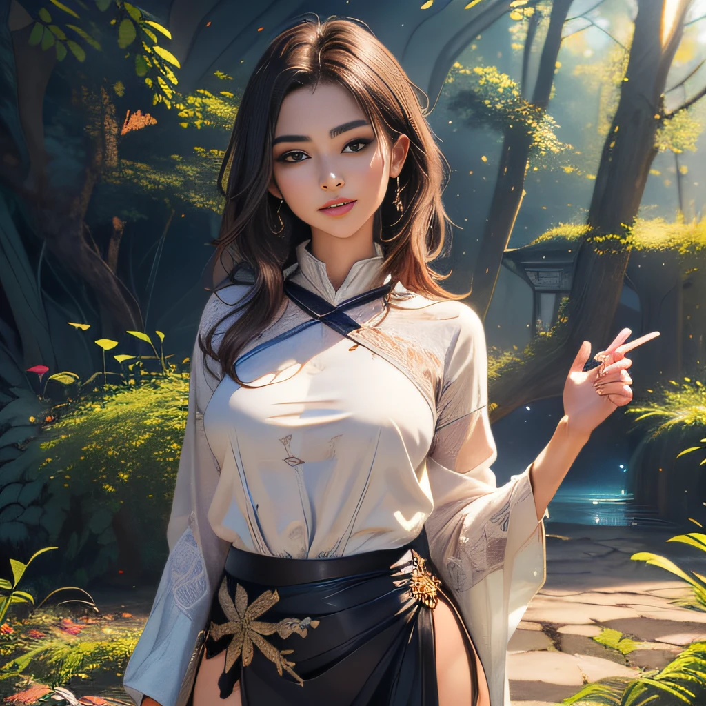 (Extremely detailed 8k wallpaper:2), (photo:2), (33 years old soigne Beautiful girl:2), (gives a lecture to friends:2), detailed (Face and eyes), (hyper realistic:1), (highly detailed:1), (epic realistic:1), rim light, (maximum details:1), cozy, (fullbody:1.3), (looking at viewer:2), (Woman's Attractive Qualities:2), (Attractive Woman:2), (Attractive:2), Smile, Intelligence, Empathy, Gracefulness, Sense of Style, Fitness, Grooming, Optimism, (Sensitivity:2), Sincerity, Romantic Gestures, Playfulness, Fashion Sense, (Sensuality:2), Charm, Modesty, Thoughtfulness, (Femininity:1), Flirtatiousness, Warmth, (Physical attractiveness:2), A beautiful smile, A love of life, strength and power, vulnerability, curiosity, wonder, love, (nature background:2), kawaii, waifu, Beautiful breasts, (attractive body:2), (Beautiful body:2), Beautiful pose, attractive pose, (Beautiful legs:1.0), (Beautiful clothes:1), (classic clothes:2), (elegant clothes:2), (European clothes:2), detailed clothes, (skirt:1), (blouse:1), (provocative pose)