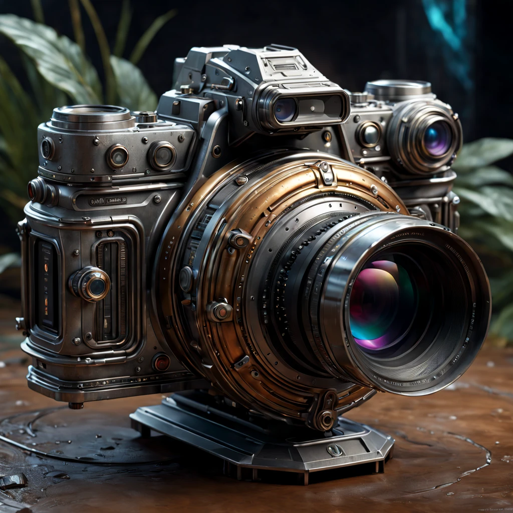 Metal camera with zoom lens, Surreal sci-fi style, Unreal Engine5, Hyper-realistic sculpture, Realistic brushstrokes, Surreal sci-fi style, Maximilian Pirna, daz 3d, glyphic, Magic waves, Made of liquid metal, sketch factory, movie set, Unreal Engine5, Photo show, Tim Okamura, detailed sketch, Realistic camera shooting, Realistic computer generated images, photorealistic high detail, too detailed art. SLR camera, ultra - detailed, photo-realism, Ultra-realistic rendering of details, Stunningly realistic graphics, high detail photography, unreal-engine. Sigma 35mm, Hyper-realistic rendering, Photorealistic rendering, Highly realistic photography