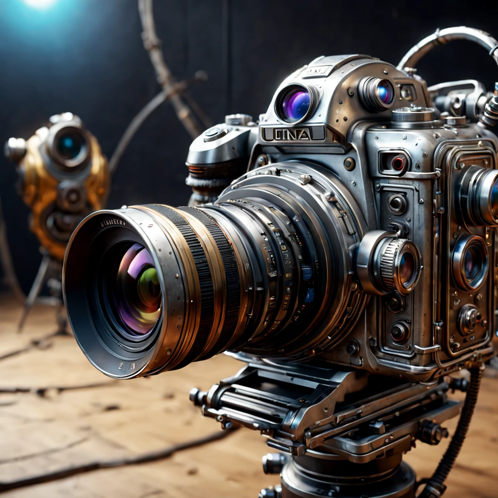 Metal camera with zoom lens, Surreal sci-fi style, Unreal Engine5, Hyper-realistic sculpture, Realistic brushstrokes, Surreal sci-fi style, Maximilian Pirna, daz 3d, glyphic, Magic waves, Made of liquid metal, sketch factory, movie set, Unreal Engine5, Photo show, Tim Okamura, detailed sketch, Realistic camera shooting, Realistic computer generated images, photorealistic high detail, too detailed art. SLR camera, ultra - detailed, photo-realism, Ultra-realistic rendering of details, Stunningly realistic graphics, high detail photography, unreal-engine. Sigma 35mm, Hyper-realistic rendering, Photorealistic rendering, Highly realistic photography