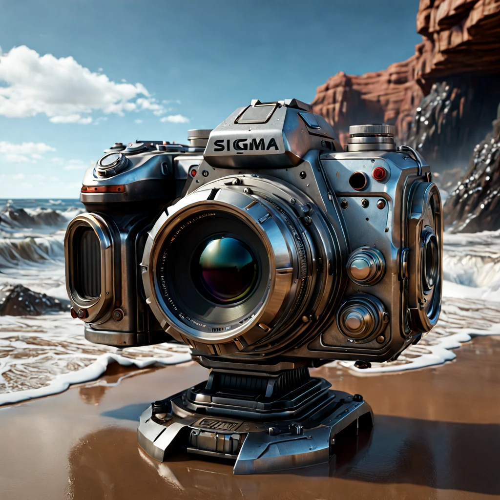 Metal camera with zoom lens, Surreal sci-fi style, Unreal Engine5, Hyper-realistic sculpture, Realistic brushstrokes, Surreal sci-fi style, Maximilian Pirna, daz 3d, glyphic, Magic waves, Made of liquid metal, sketch factory, movie set, Unreal Engine5, Photo show, Tim Okamura, detailed sketch, Realistic camera shooting, Realistic computer generated images, photorealistic high detail, too detailed art. SLR camera, ultra - detailed, photo-realism, Ultra-realistic rendering of details, Stunningly realistic graphics, high detail photography, unreal-engine. Sigma 35mm, Hyper-realistic rendering, Photorealistic rendering, Highly realistic photography