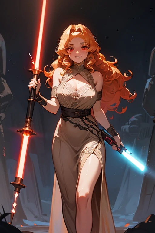 a beautiful jedi woman wearing a lace nightgown in a jedi temple at night, lace nightgown holding a red lightsaber in one hand, confident grin, glowing orange-red eyes, blonde curly hair, long curly hair, black bracers, walking through dark jedi temple halls, sweaty body, night sky