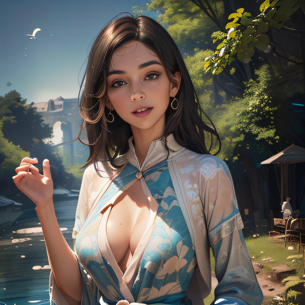 (Extremely detailed 8k wallpaper:2), (photo:2), (33 years old soigne Beautiful girl:2), (gives a lecture to friends:2), detailed (Face and eyes), (hyper realistic:1), (highly detailed:1), (epic realistic:1), rim light, (maximum details:1), cozy, (fullbody:1.3), (looking at viewer:2), (Woman's Attractive Qualities:2), (Attractive Woman:2), (Attractive:2), Smile, Intelligence, Empathy, Gracefulness, Sense of Style, Fitness, Grooming, Optimism, (Sensitivity:2), Sincerity, Romantic Gestures, Playfulness, Fashion Sense, (Sensuality:2), Charm, Modesty, Thoughtfulness, (Femininity:1), Flirtatiousness, Warmth, (Physical attractiveness:2), A beautiful smile, A love of life, strength and power, vulnerability, curiosity, wonder, love, (nature background:2), kawaii, waifu, Beautiful breasts, (attractive body:2), (Beautiful body:2), Beautiful pose, attractive pose, (Beautiful legs:1.0), (Beautiful clothes:1), (classic clothes:2), (elegant clothes:2), (European clothes:2), detailed clothes, (skirt:1), (blouse:1), (provocative pose)