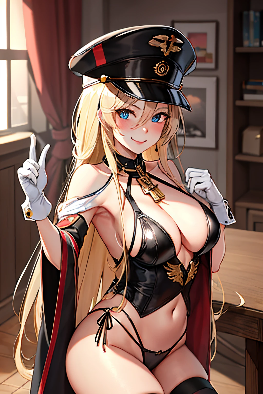 masterpiece, best quality, highres, long hair, 1girl, solo, bismarck, a woman wearing black BMR, medal on left shoulder, BIS_hat, white glove, sexy pose, blush, little smile,
