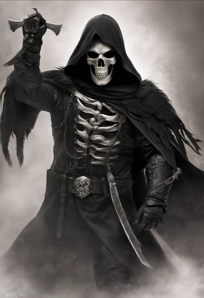 Make a picture of a skull with a hood, with skeleton arms and abs, to make himself look strong, on black and white background, that the image is centered from the head to the hip, Black background