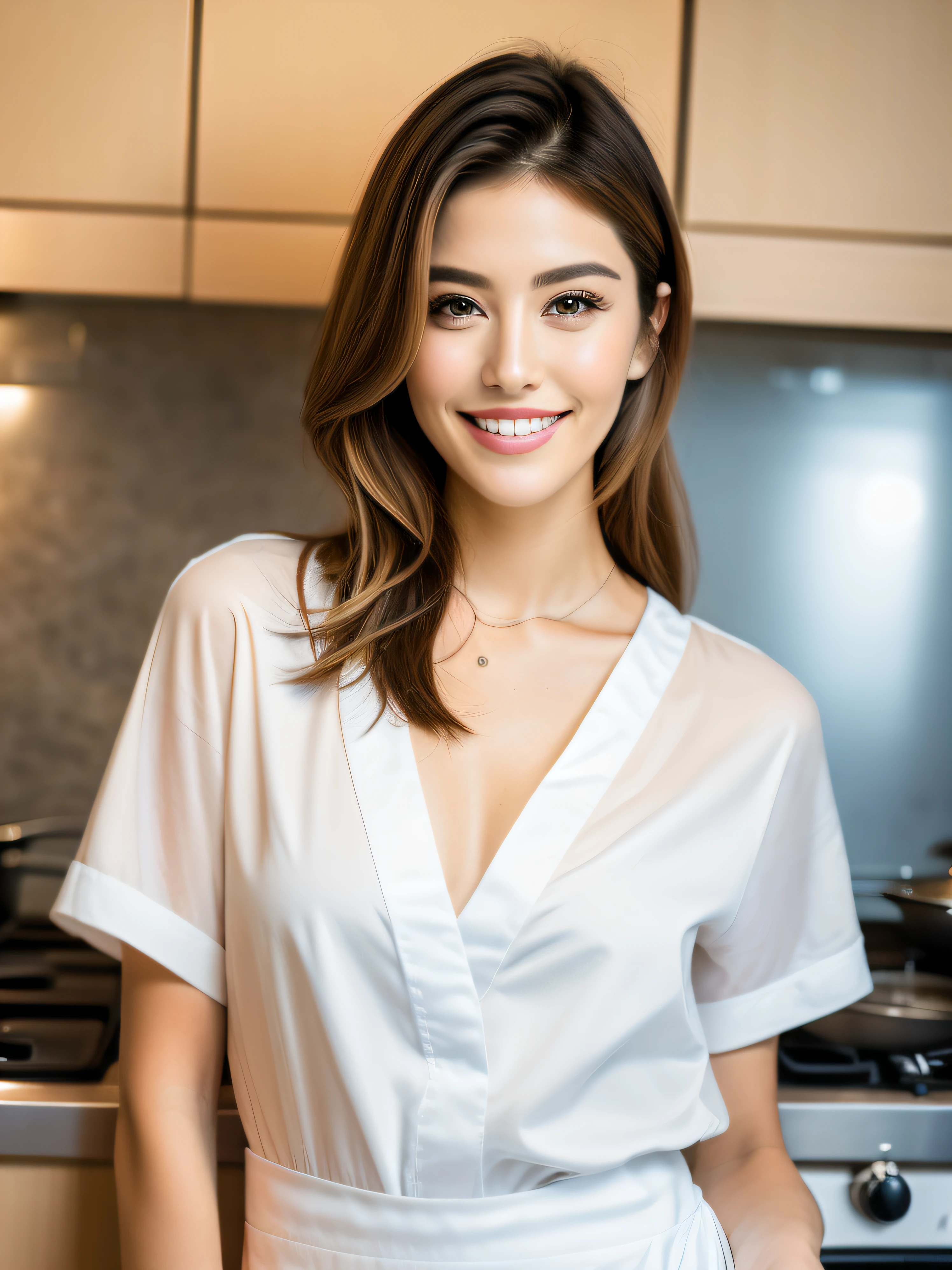 Fashion model 25 years old, Cooking in the kitchen, [[[close-up]]], [[[Chest]]], [[[Neck]]], [[[shoulders]]], Perfect eyes, Perfect iris, Perfect lips, perfect teeth, Perfect Skin, Soft front light, Glow, nffsw, (soft colours: 1.2)