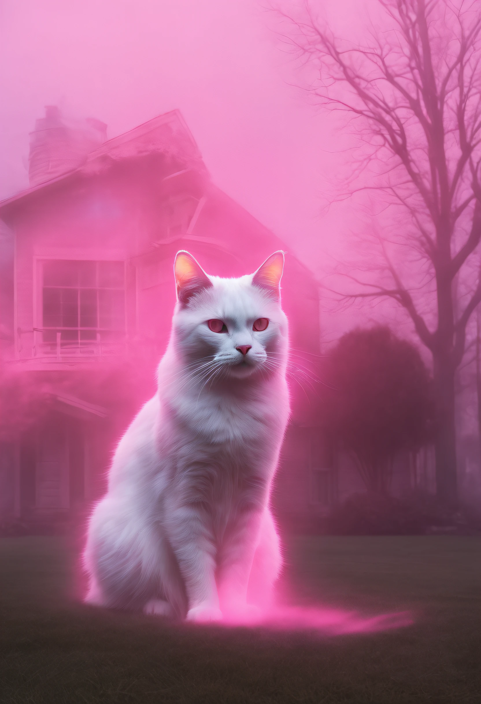 A ghost of a cat guarding the house lawn, a cat pink hologram texture, pink translucent spirit of a cat, spirit cat hologram, low opacity, conceptual art, ghostly form, pink fog around the spirit of the cat, glowing fog intricate ghosty cat, photorealistic, glowing spirit cat, photoreal, hyperrealism