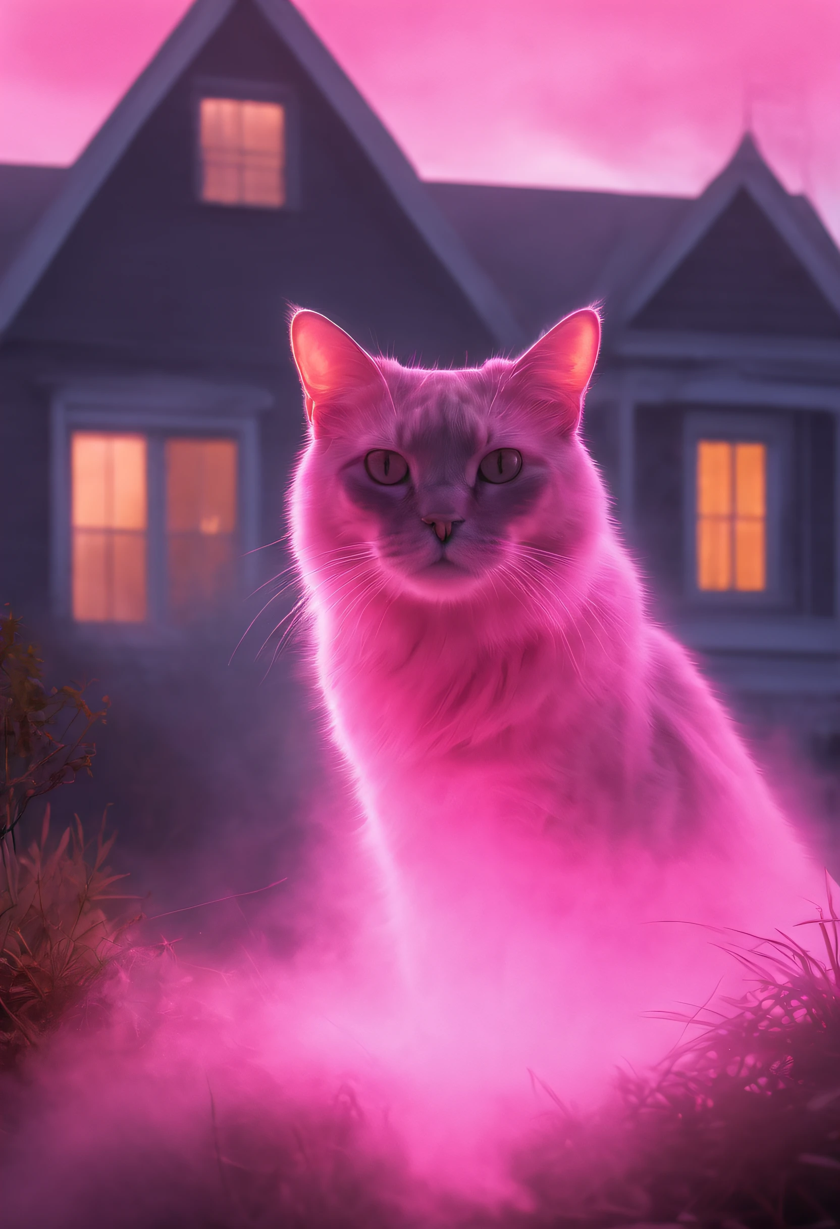 A ghost of a cat guarding the house lawn, a cat pink hologram texture, pink translucent spirit of a cat, spirit cat hologram, low opacity, conceptual art, ghostly form, pink fog around the spirit of the cat, glowing fog intricate ghosty cat, photorealistic, glowing spirit cat, photoreal, hyperrealism