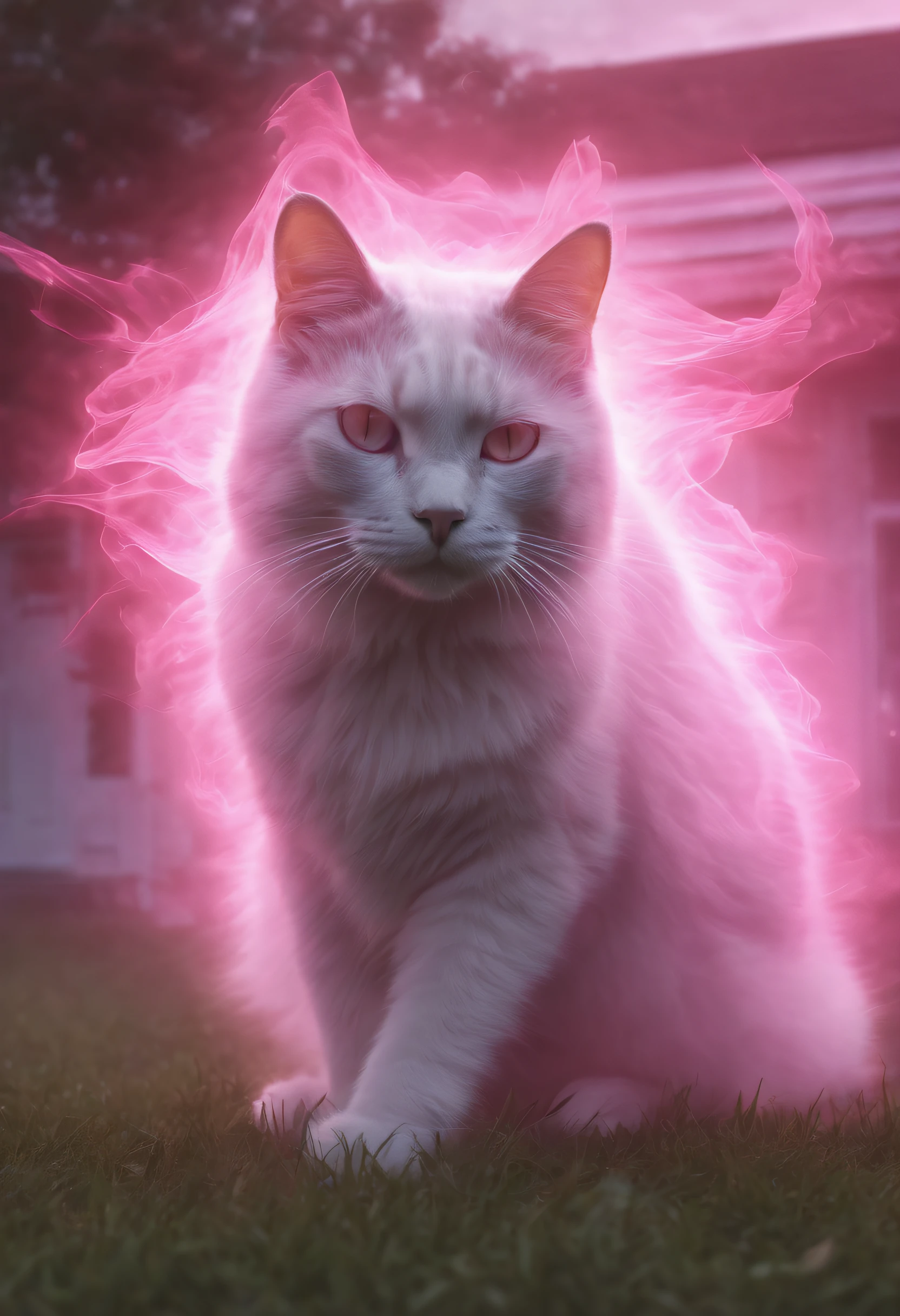 A ghost of a cat guarding the house lawn, a cat pink hologram texture, pink translucent spirit of a cat, spirit cat hologram, low opacity, conceptual art, ghostly form, pink fog around the spirit of the cat, glowing fog intricate ghosty cat, photorealistic, glowing spirit cat, photoreal, hyperrealism