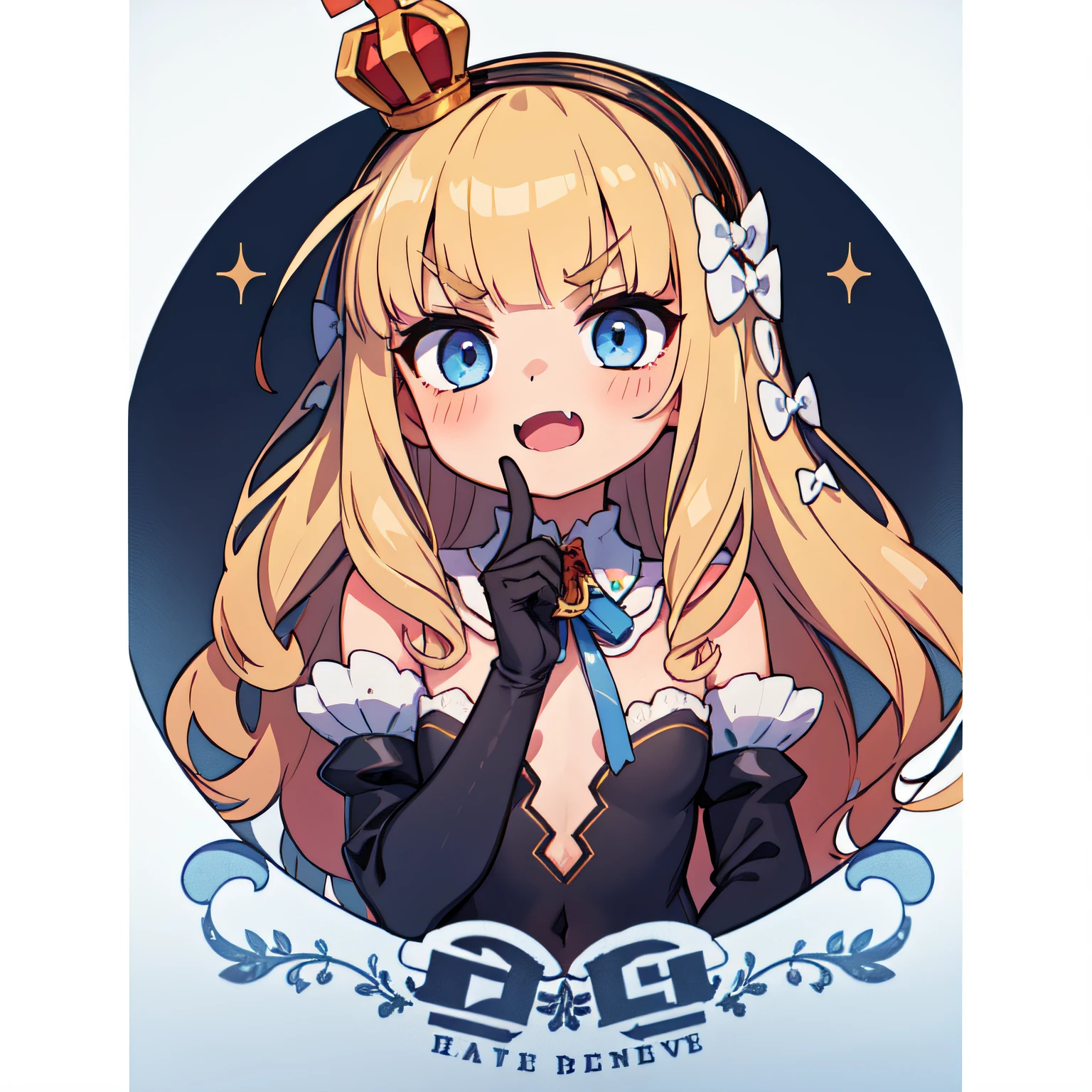 chibi, SD,(masterpiece, best quality:1.2),illustration,8k,hd,1girls,solo,upper body,(portrait:1.2),blonde_hair,long_hair,blue_eyes,hairband,mini_crown,hair_bow,bangs,black_hairband,small_breasts,white_bow,very_long_hair,gloves,white_gloves,white_thighhighs,dress,fang,scepter,covered_navel,detached_sleeves,flat_chest,v-shaped_eyebrows,zettai_ryouiki,detached_collar,full_body,ribbon,